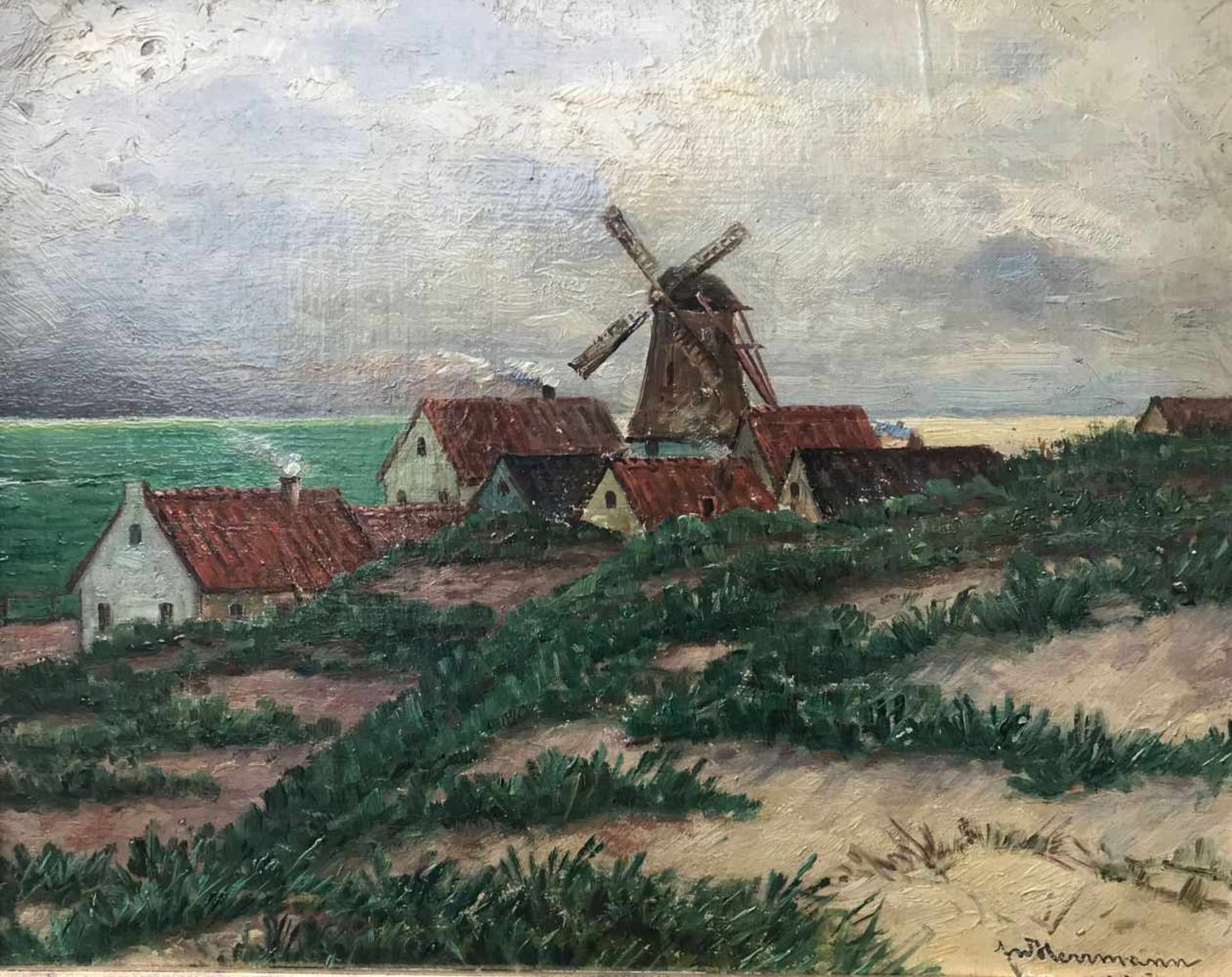 Künstler Herrmann, Landschaft mit Windmühle, signiert, Öl/Malkarton, 30 x 39 cm