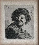 Rembrandt van Rijn (1606-1669), Selbstbildnis mit Mütze, lachend, wohl späterer Druck, 5,2 x 4,3 cm,