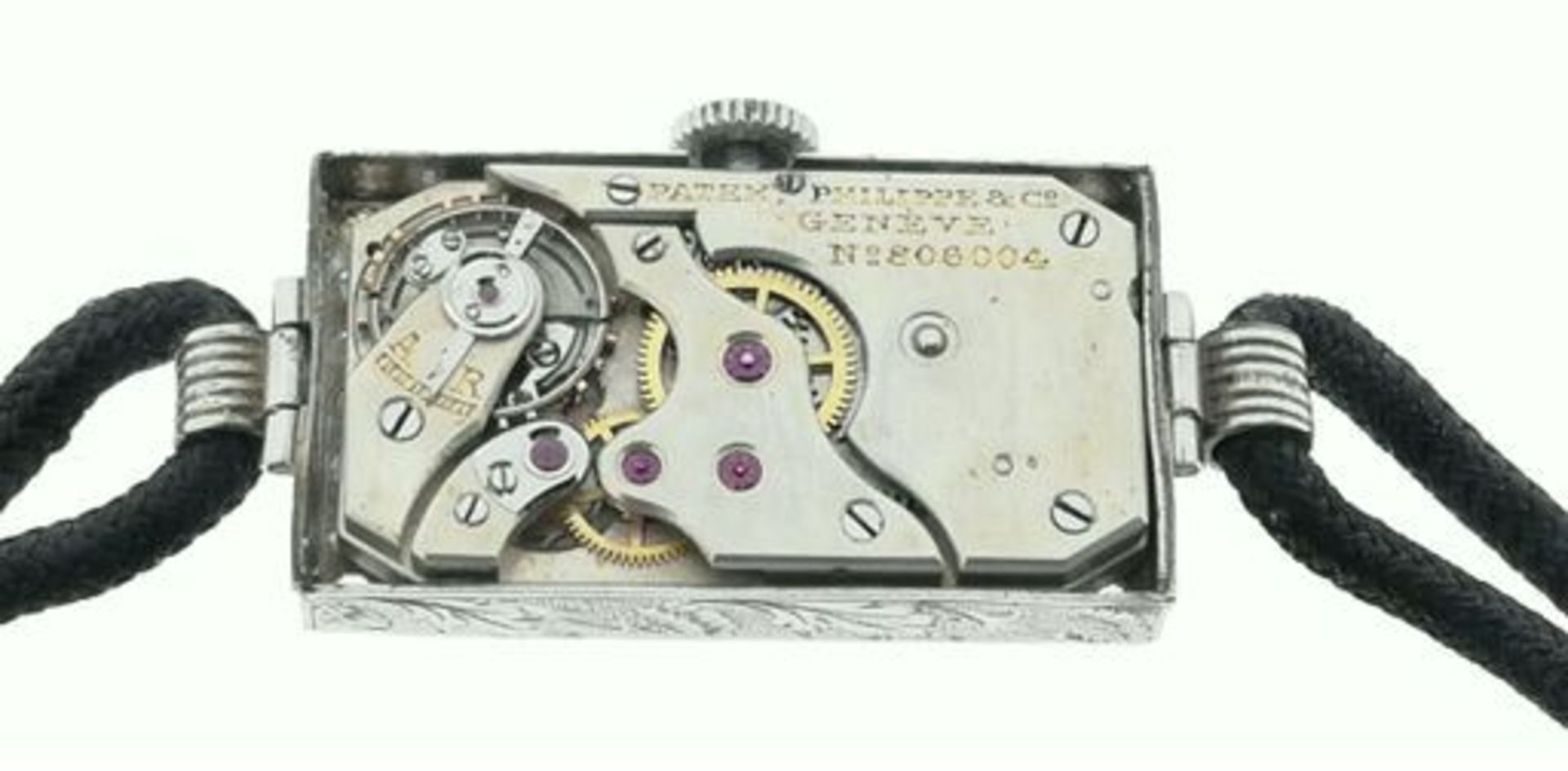 Patek Philippe, ca. 1930, Damenarmbanduhr, 585er WG (geprüft), mit 34 Diamanten (holl. Rosen? - Bild 3 aus 3