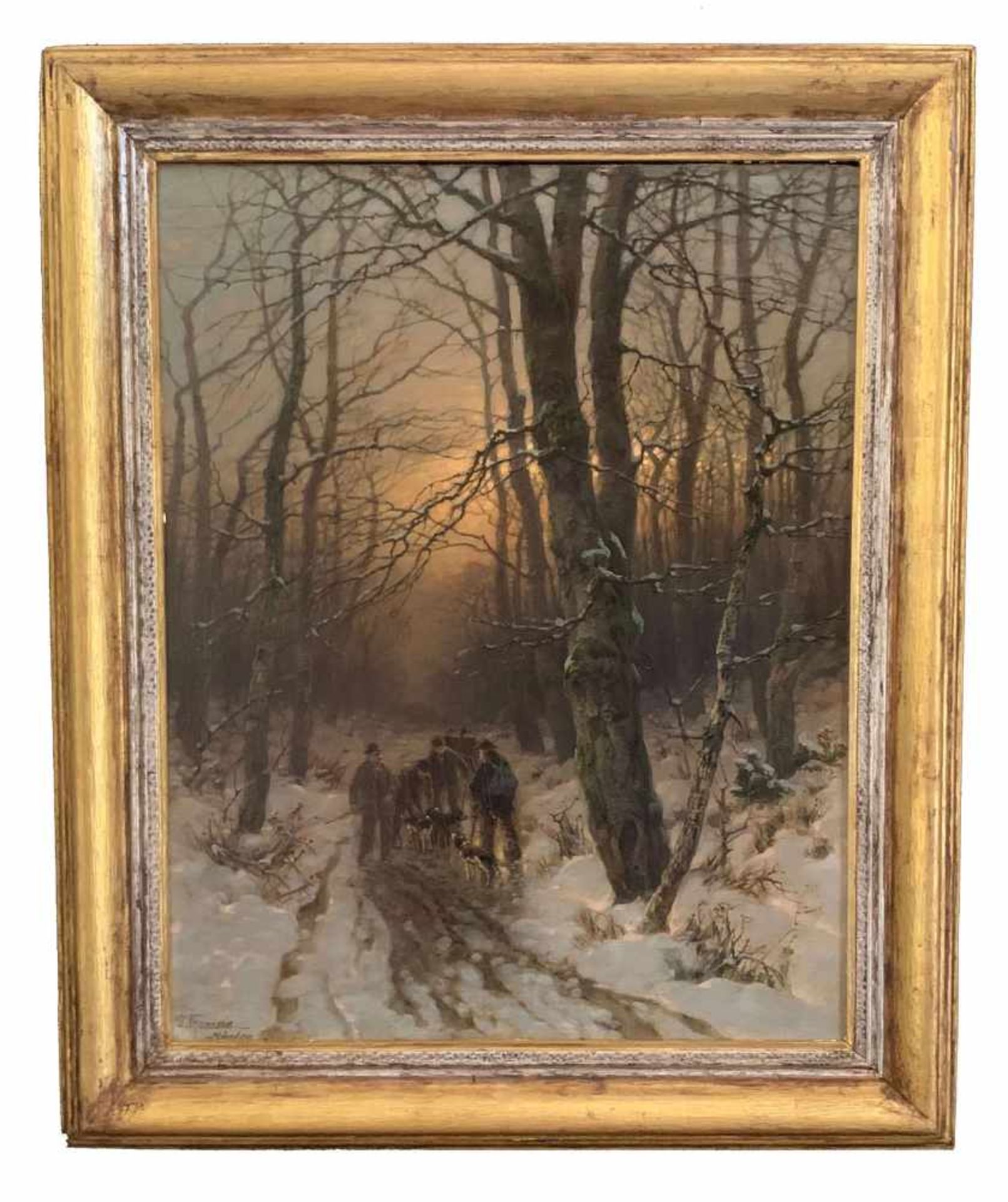 Désiré Thomassin-Renardt (1858-1933). Jäger im Morgenrot des Winterwaldes. Öl/Lwd, signiert, 60 x 48 - Bild 3 aus 5