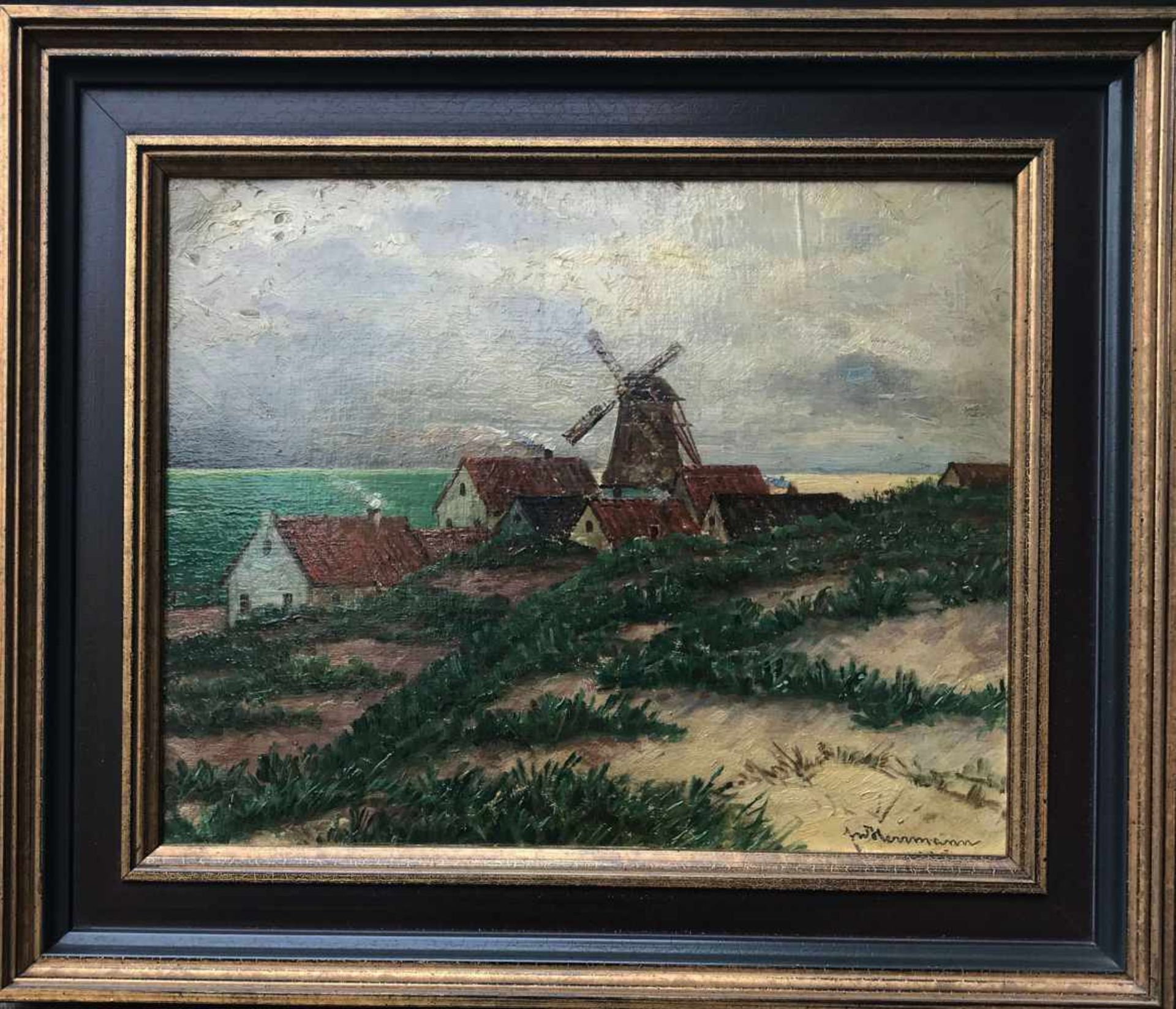 Künstler Herrmann, Landschaft mit Windmühle, signiert, Öl/Malkarton, 30 x 39 cm - Bild 3 aus 4