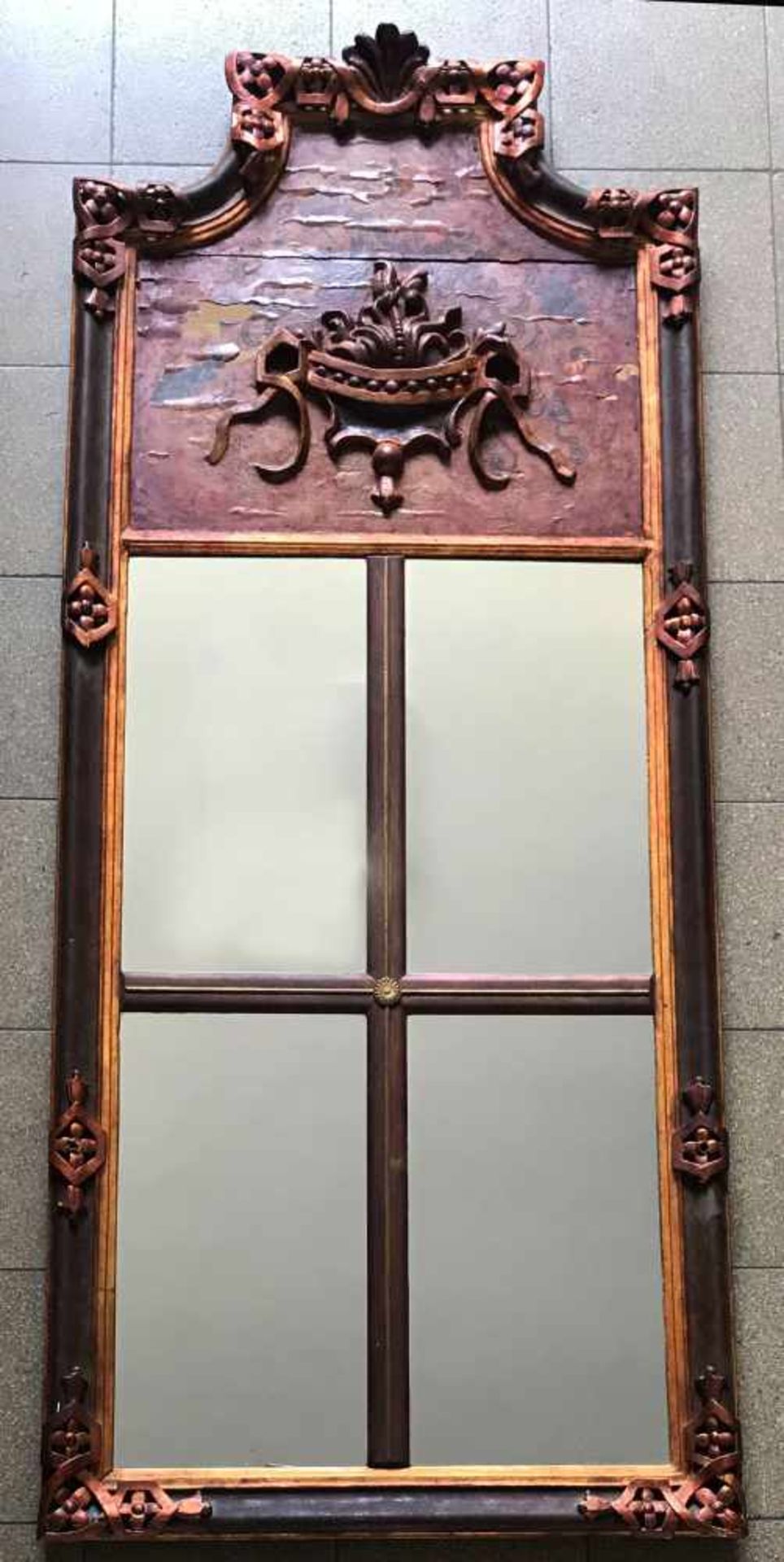 Spiegel, 19. Jh., groß, dekorativ, Holz, farbig gefasst, Altersspuren