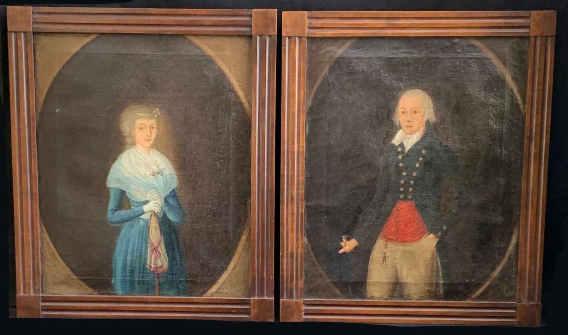 Paar Biedermeier Portraits, um 1820. Pair of portraits of a gentleman and lady. 19th c., Öl/Lwd,