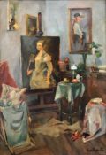 Unbekannter Künstler bzw. unbekannte Künstlerin, Blick in das Atelier mit einem Damenbildnis (
