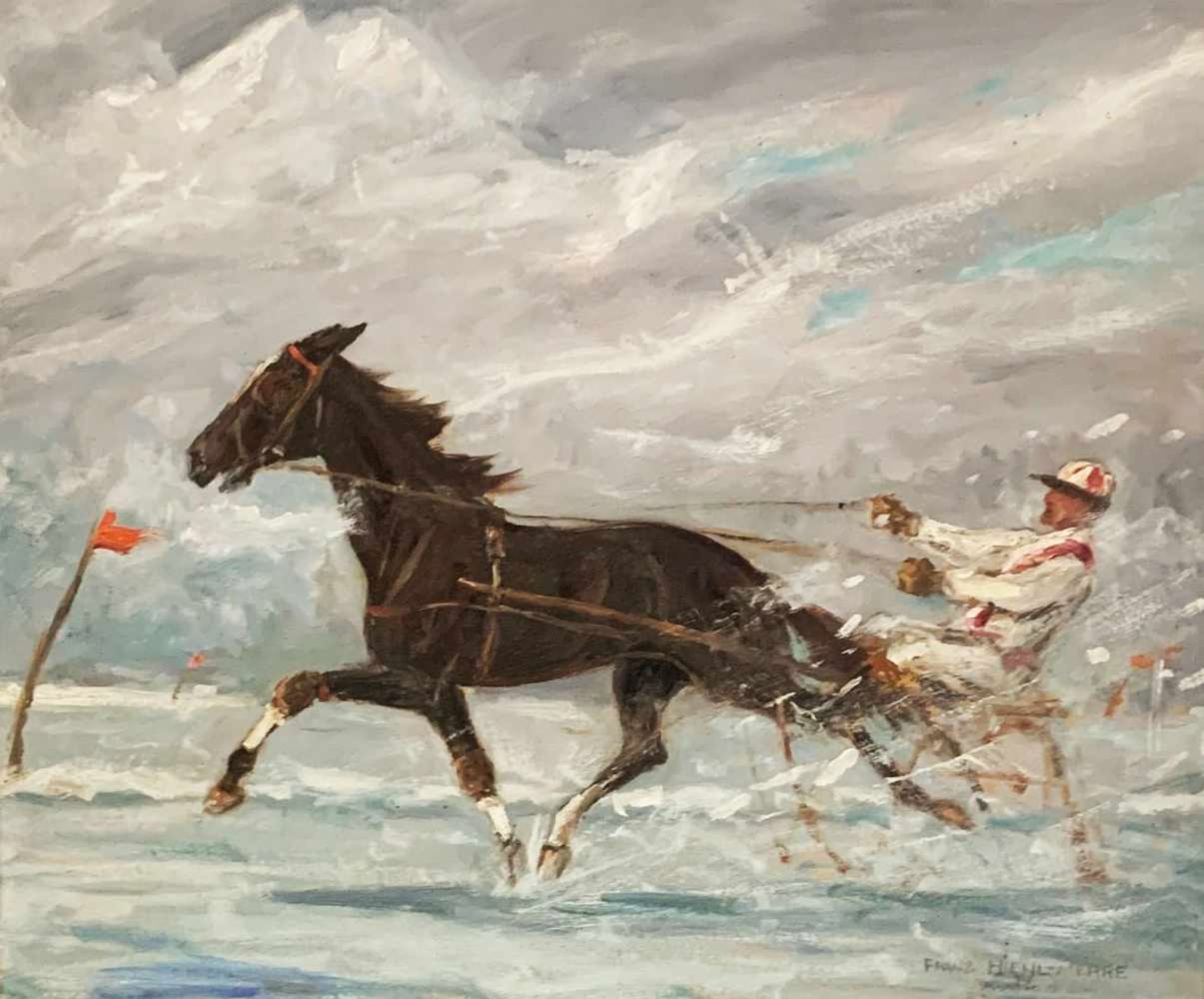 Franz HIENL-MERRE (1869-1943). Pferderennen. Jockey auf einem Sulky. Öl/Karton, signiert, 52 x 62
