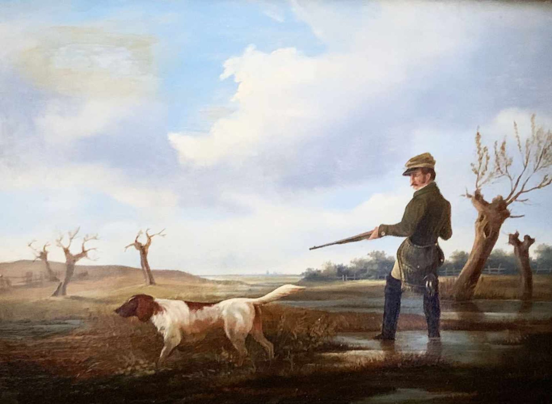 Jacob Munk (1809-1885). Jäger mit Hund. Berlin 1885. Entenjagd, Entenstrich. Öl auf Holz, 19,5 x