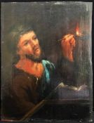 Unbekannter Künstler, 18. Jh., Mann mit Buch und Öllämpchen im Dunkeln, Öl/Holz, 23,5 x 18 cm