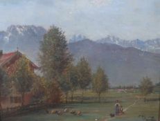 Paul Felgentreff (1854-1933). Vor dem Kaisergebirge. Wilder Kaiser. Bäuerin mit Bub und Hund gehen