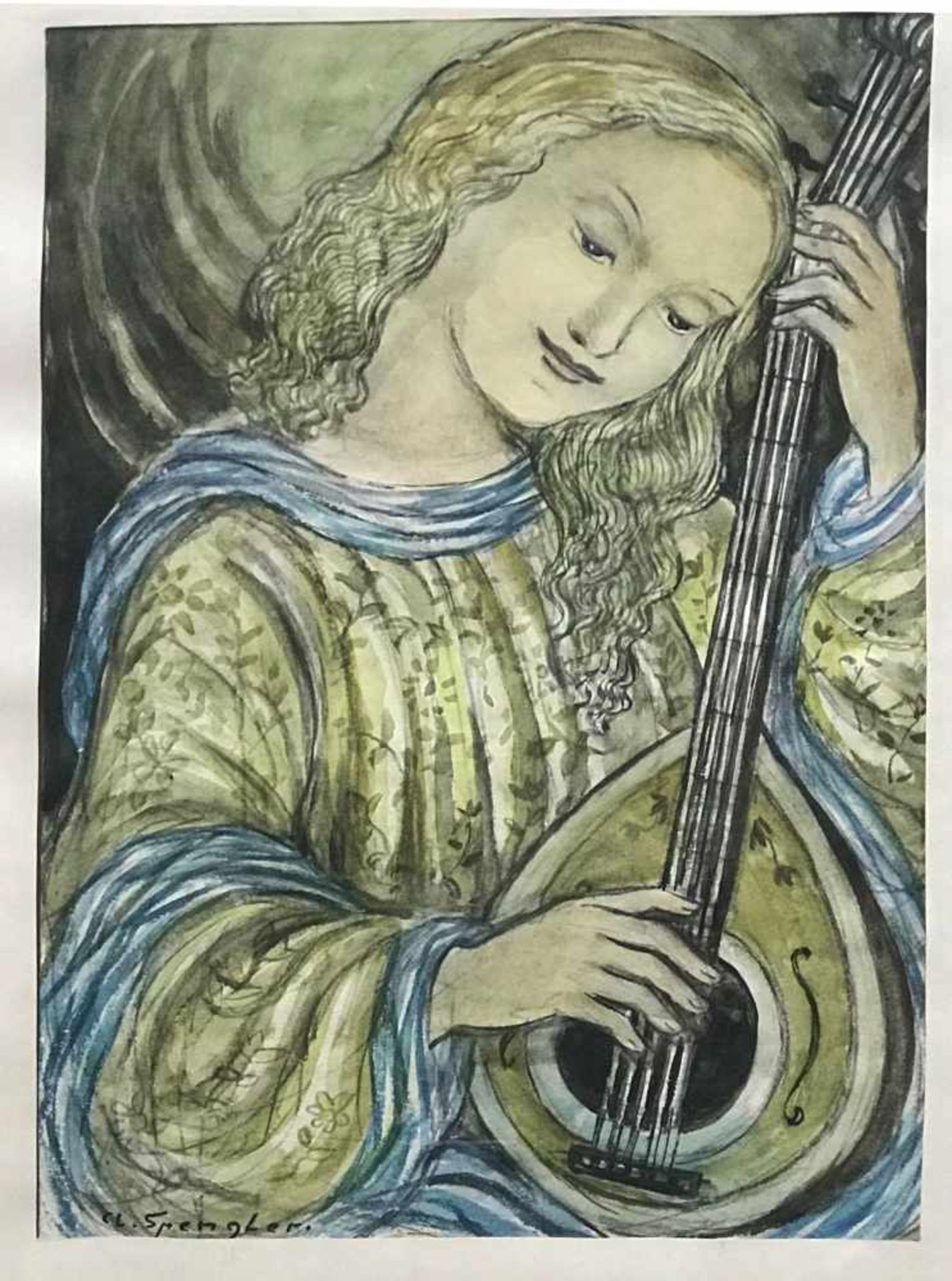 Clemens Spengler (1903-1969), Engel mit Laute, signiert, Aquarell, 45 x 33 cm
