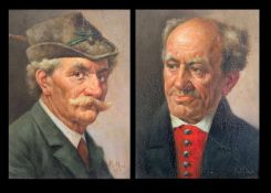 Paar Portraits alter Herren: Fränkischer Bauer und Förster, signiert K. Hub, 1 x datiert 1917, Öl/