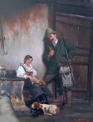 Paul Brandenburg (1866 - 1925 ). Jäger mit Hund bei Mädchen in der Stube. Öl auf Holz, signiert,