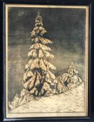 Ernst Precht (Lauscha 1892 - 1969), Tanne im Schnee, Holzschnitt, mit Widmung und Signatur,