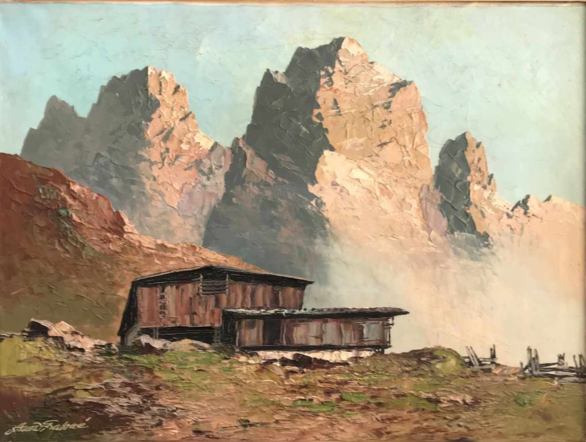 Georg Arnold-Graboné (1896-1982), Landschaft in den Bergen mit Almhütte und hohen Gipfeln im