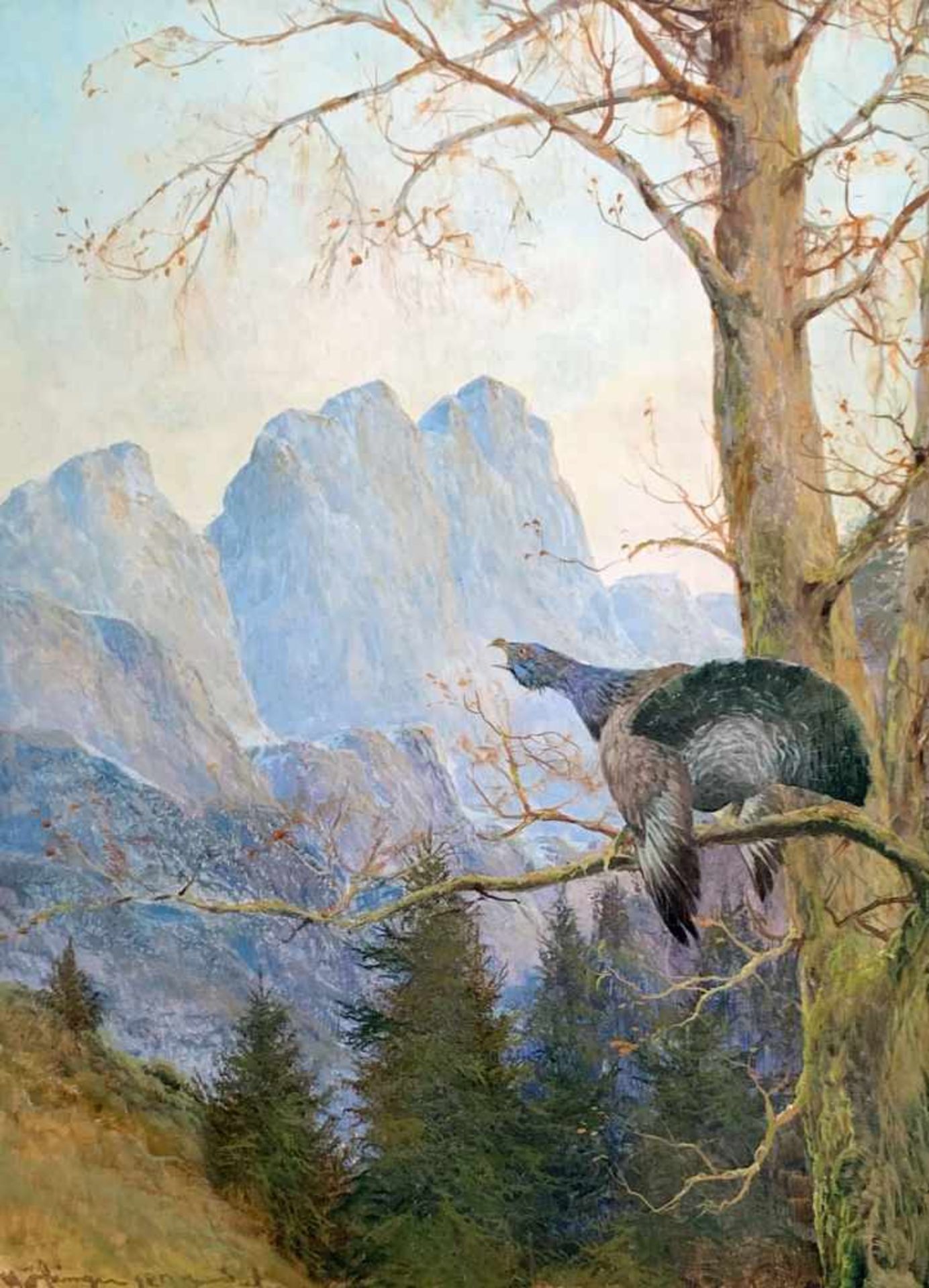 Auerhahn auf Baum vor Gebirge. Öl/Holz, signiert, 39 x 30 cm