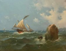 Unbekannter Maler. Segelschiffe vor steiniger Küste mit Möwen. Sailing Ships and Seagulls. / Öl/Lwd,