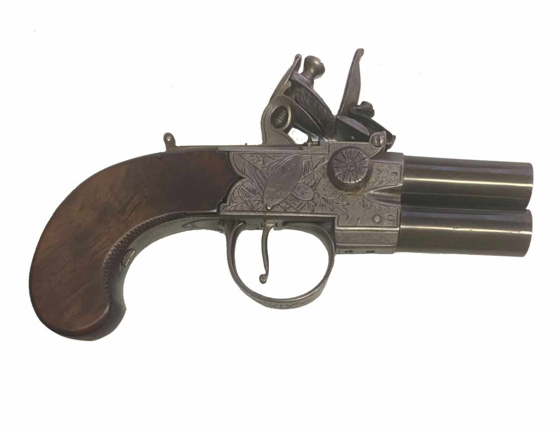 Steinschloss-Pistole, Modell: Double-barreled over- and under Pocket Flintstok pistol, England,