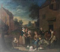 Unbekannter Maler, 18. Jh., Marktszene mit mehreren Figuren im Vordergrund, Öl/Lwd. aufgez., 51 x 60