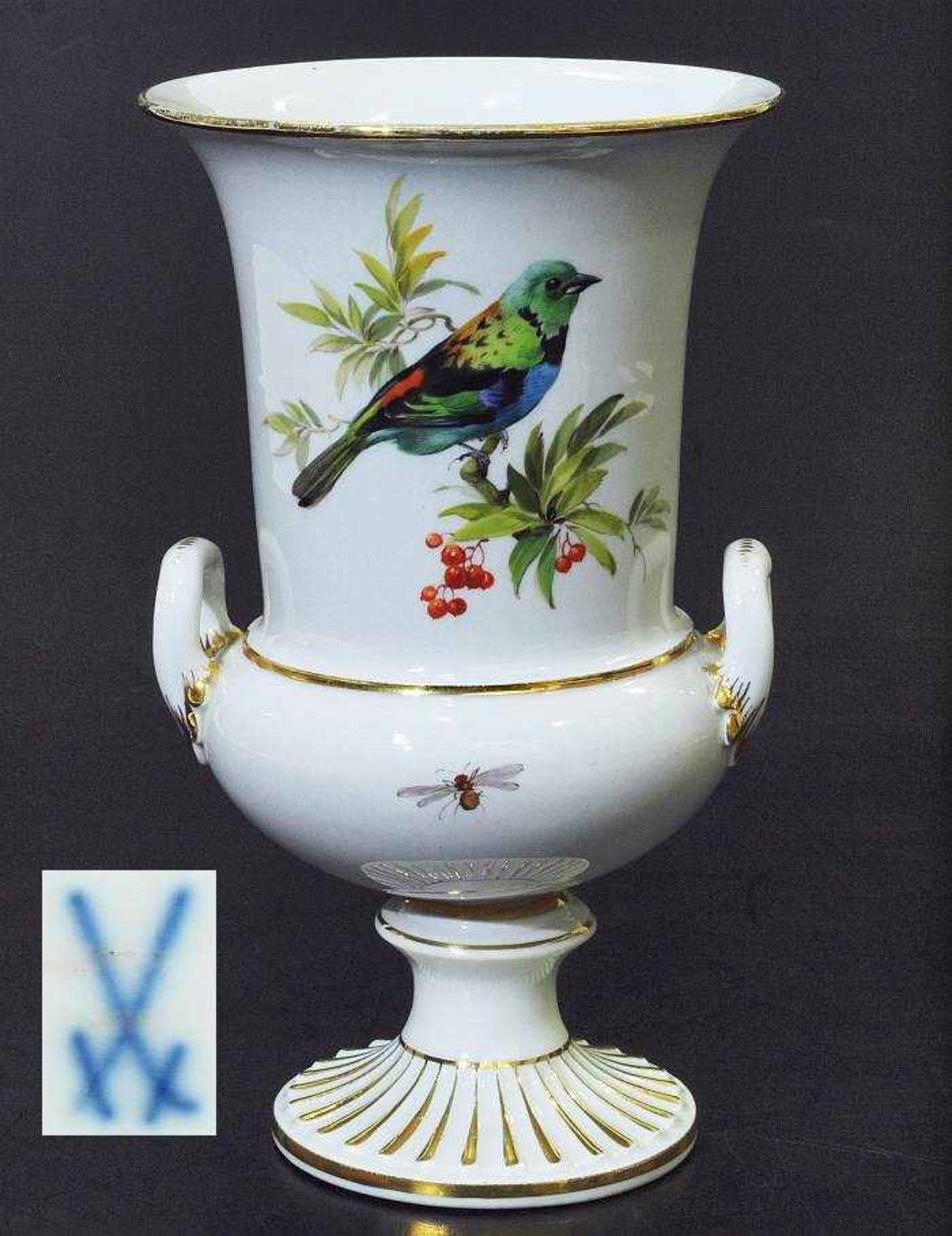 Amphorenvase.Amphorenvase. MEISSEN, Marke nach 1934. Farbige Bemalung, schauseits mit Singvogel