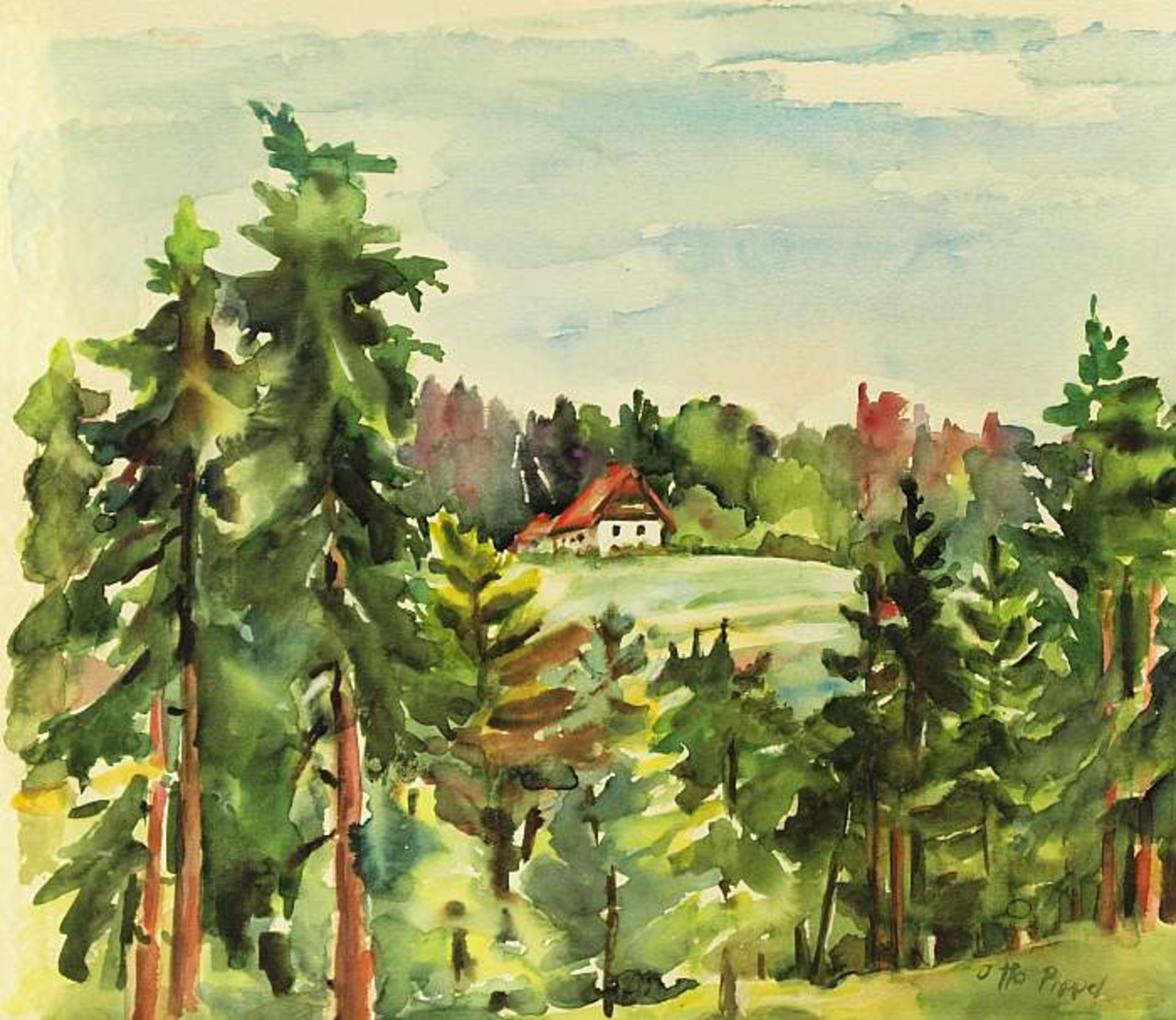 PIPPEL, Otto.PIPPEL, Otto. 1878 Lodz - 1960 München. Haus im Wald. Aquarell auf Papier, unten rechts