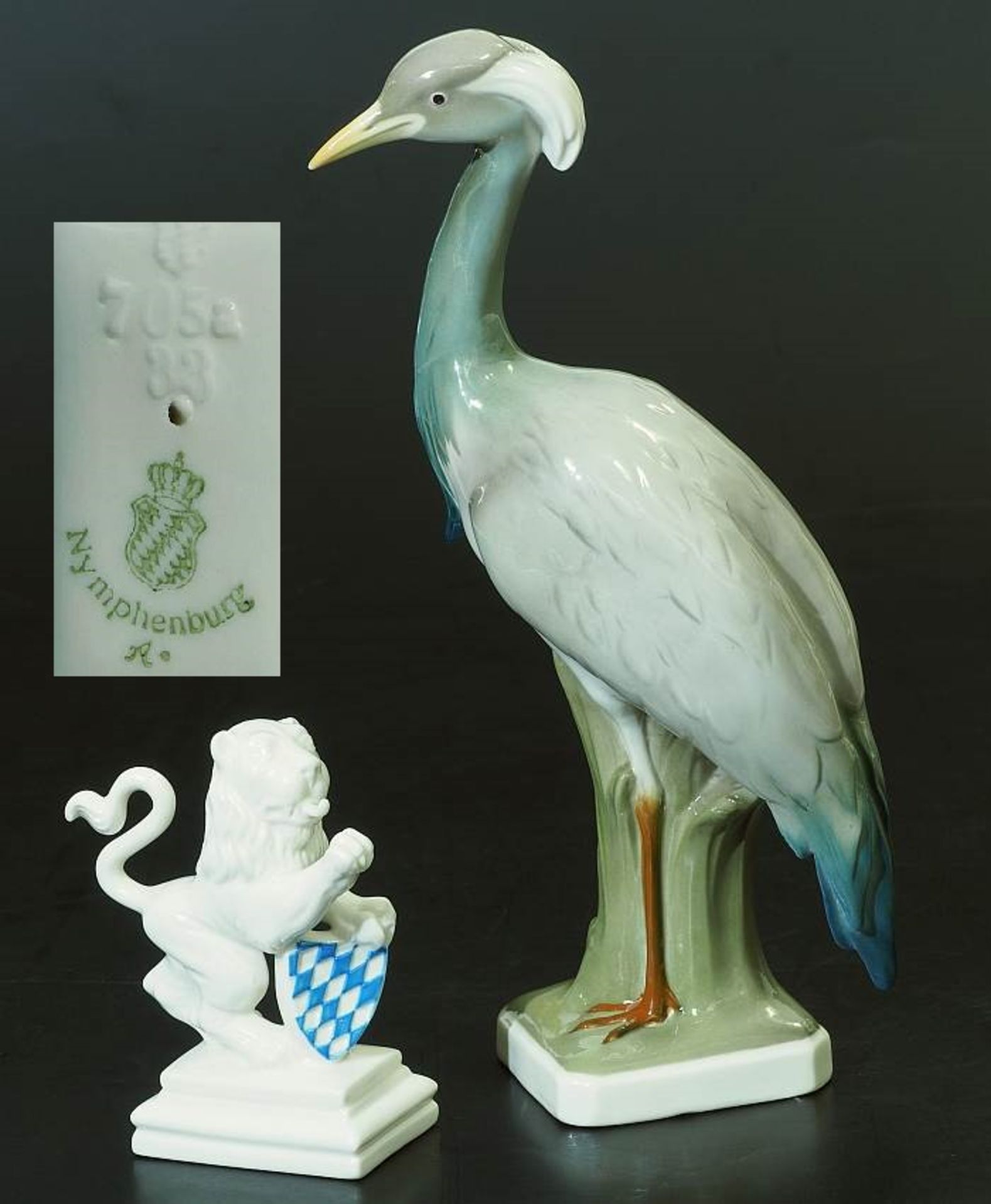 Zwei Tierfiguren. Zwei Tierfiguren. NYMPHENBURG, 2. Hälfte 20. Jahrhundert. 1) Silberreiher, Entwurf