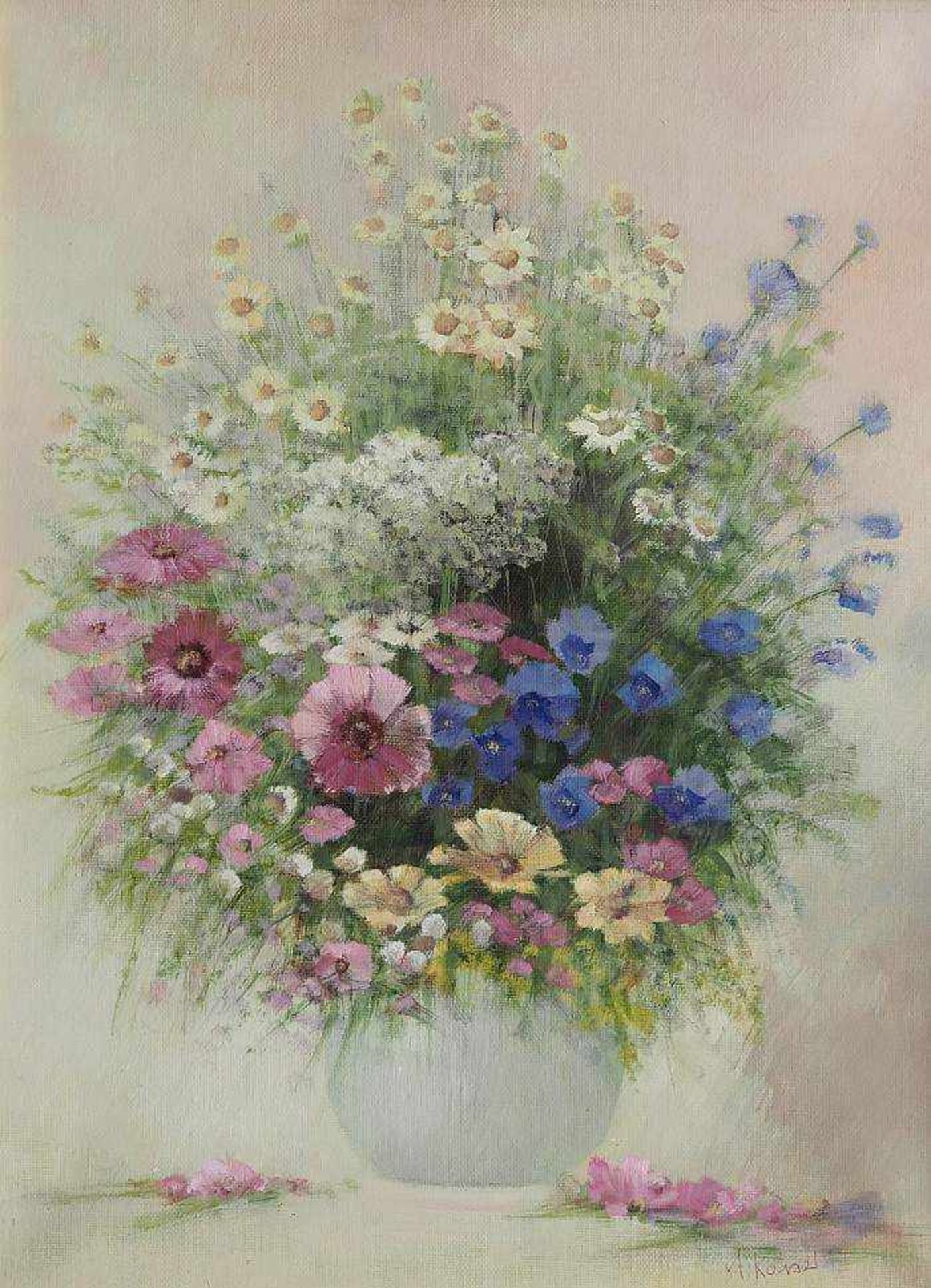 KAISER, A. KAISER, A. 20. Jahrhundert. Sommerliches Blumenstillleben in Vase. Öl auf Leinwand,