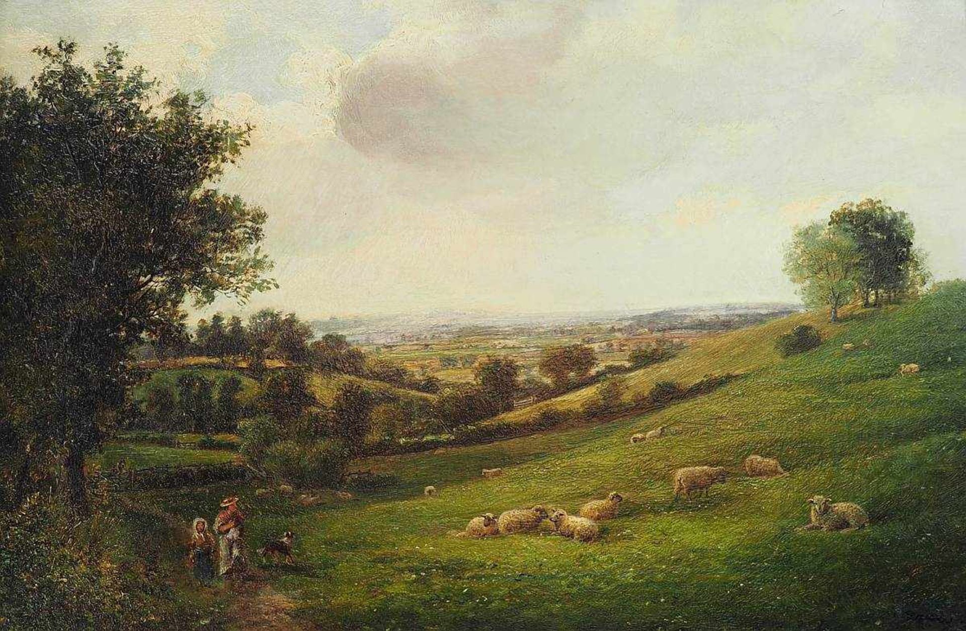 LARRY, C.LARRY, C. Englischer Landschaftsmaler um 1860. Weidende Schafe mit Spaziergänger und - Bild 2 aus 7
