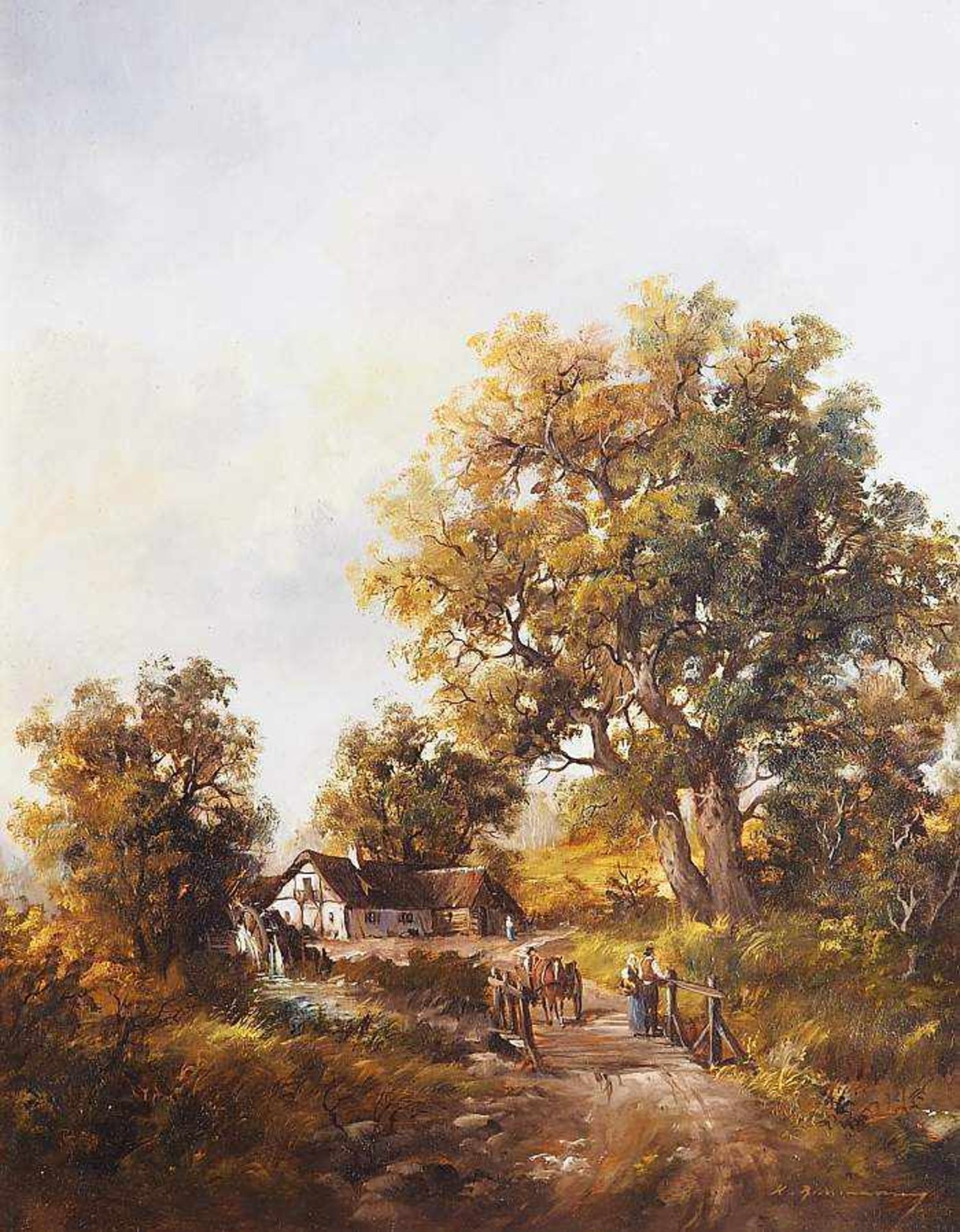 Baumann, K. Baumann, K. 20. Jahrhundert. Herbstliche Landschaft mit Gehöft, Wassermühle und