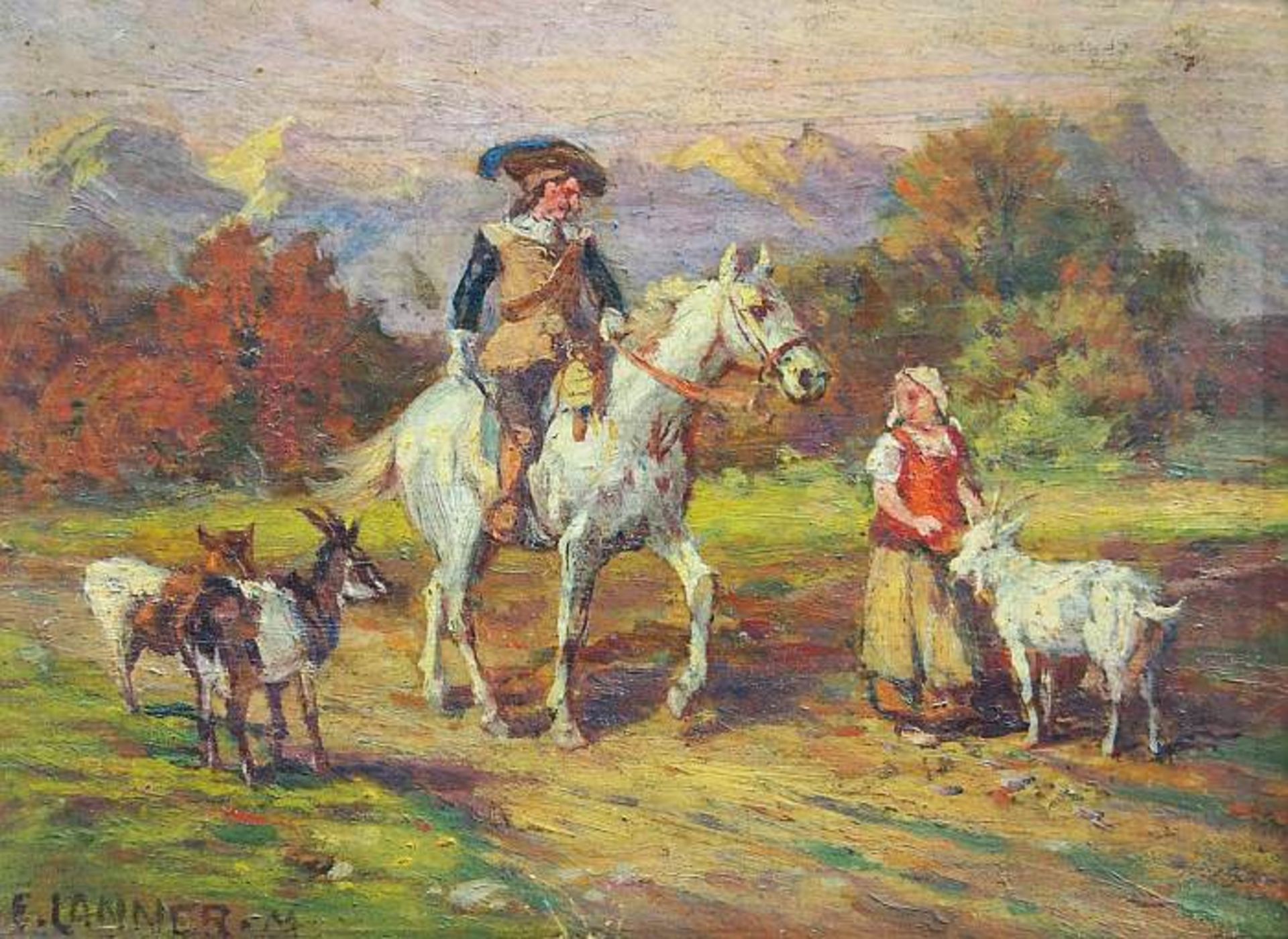 LANNER, E. LANNER, E. 20. Jahrhundert. Edler Herr zu Pferd im Gespräch mit Ziegenhirtin. Öl auf