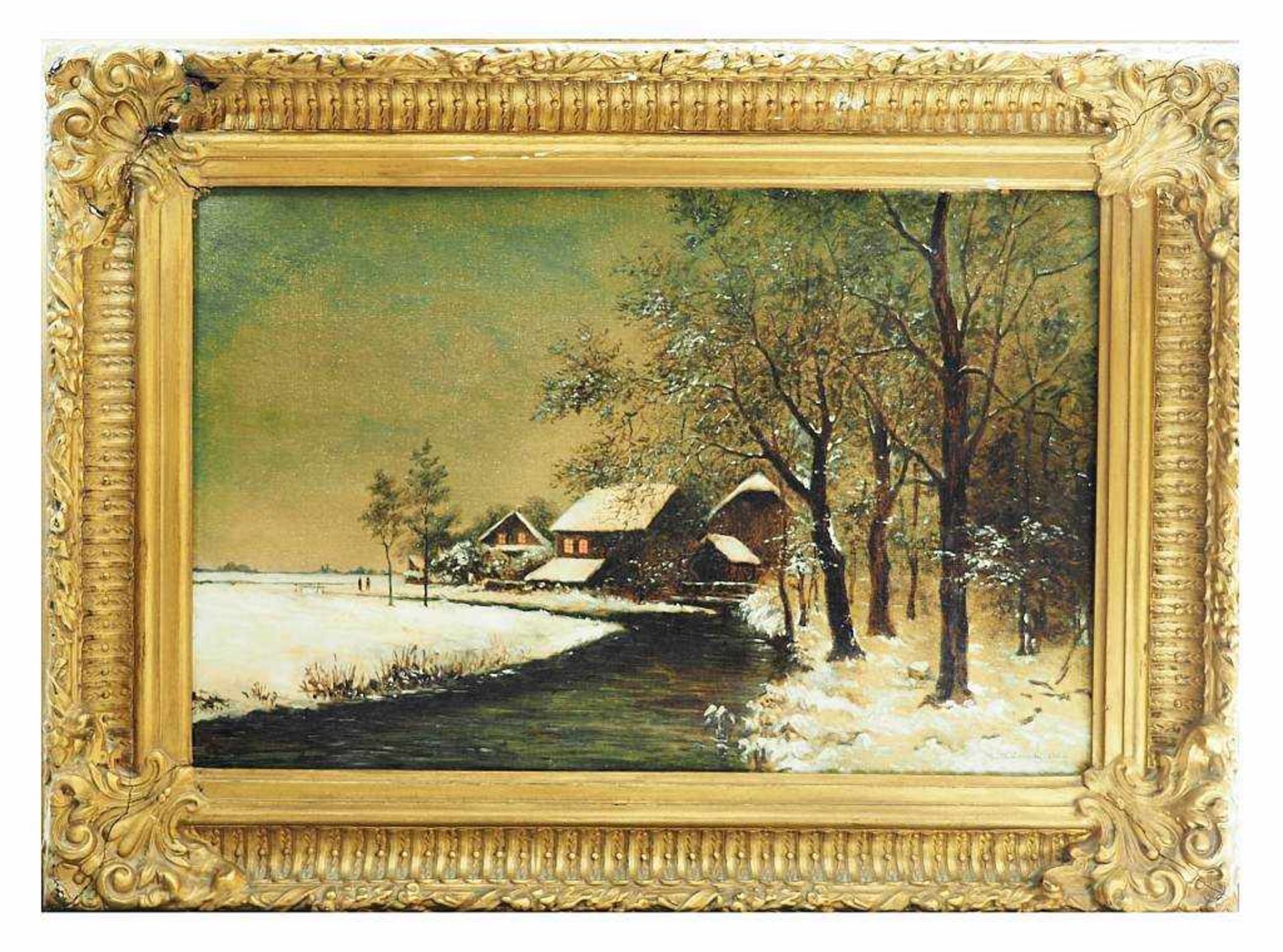 Maler des 19. Jahrhunderts.Maler des 19. Jahrhunderts. Winterlandschaft, Gehöft am Bachlauf. Öl - Bild 3 aus 5