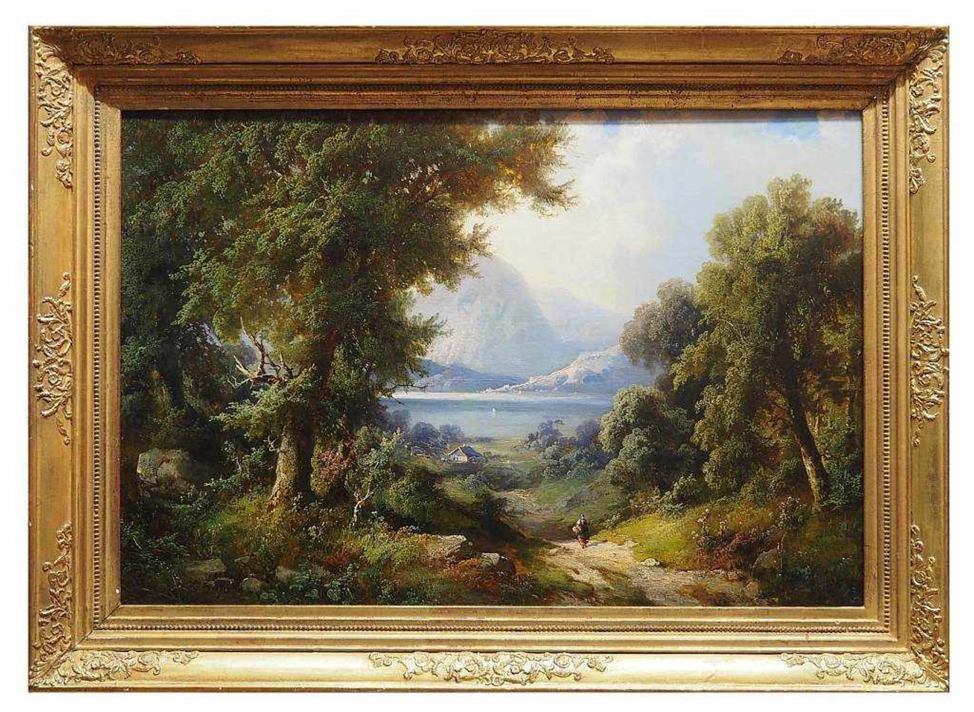Romantische Gebirgslandschaft mit See.Romantische Gebirgslandschaft mit See. 19. Jahrhundert. Öl auf - Bild 3 aus 5