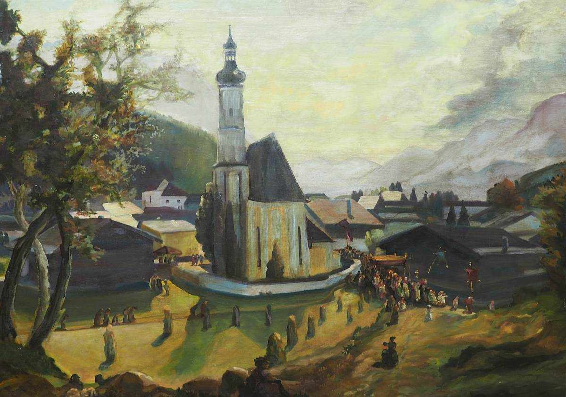 JENSEN, Walter.JENSEN, Walter. Prozession in Sachrang-Aschau/Chiemsee. Öl auf Holzplatte, rechts - Bild 2 aus 6