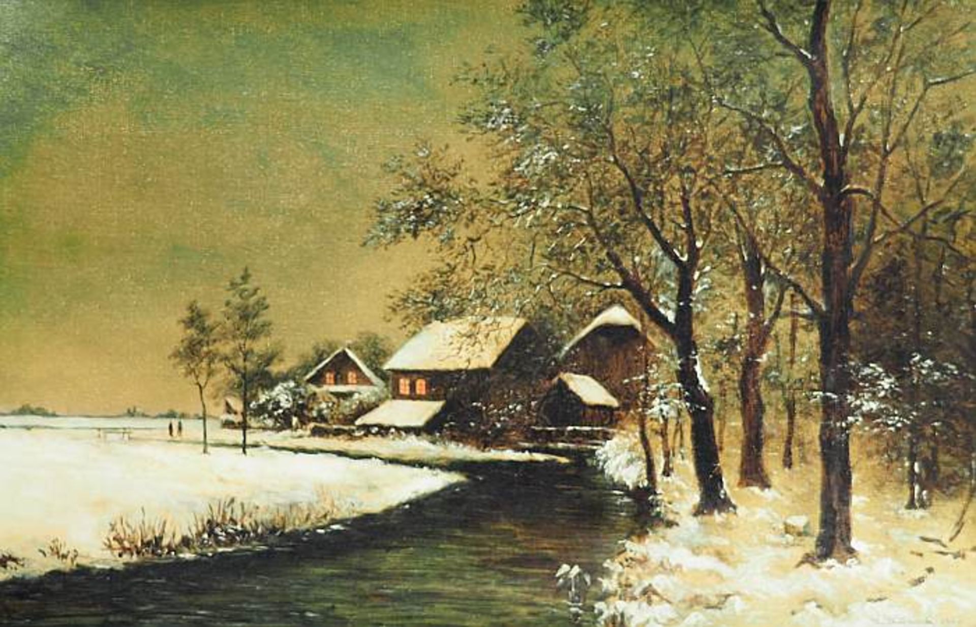 Maler des 19. Jahrhunderts.Maler des 19. Jahrhunderts. Winterlandschaft, Gehöft am Bachlauf. Öl