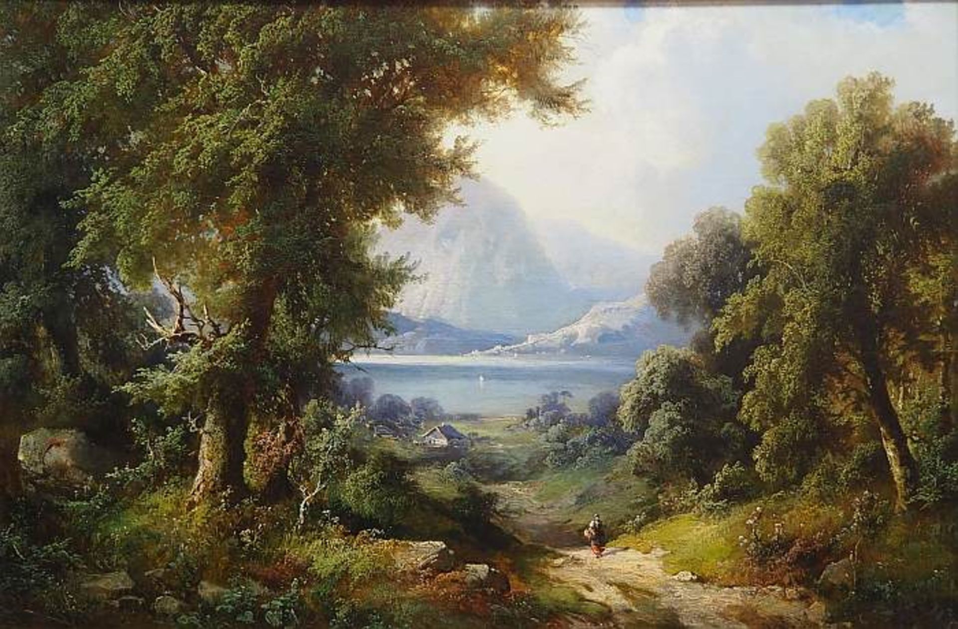 Romantische Gebirgslandschaft mit See.Romantische Gebirgslandschaft mit See. 19. Jahrhundert. Öl auf