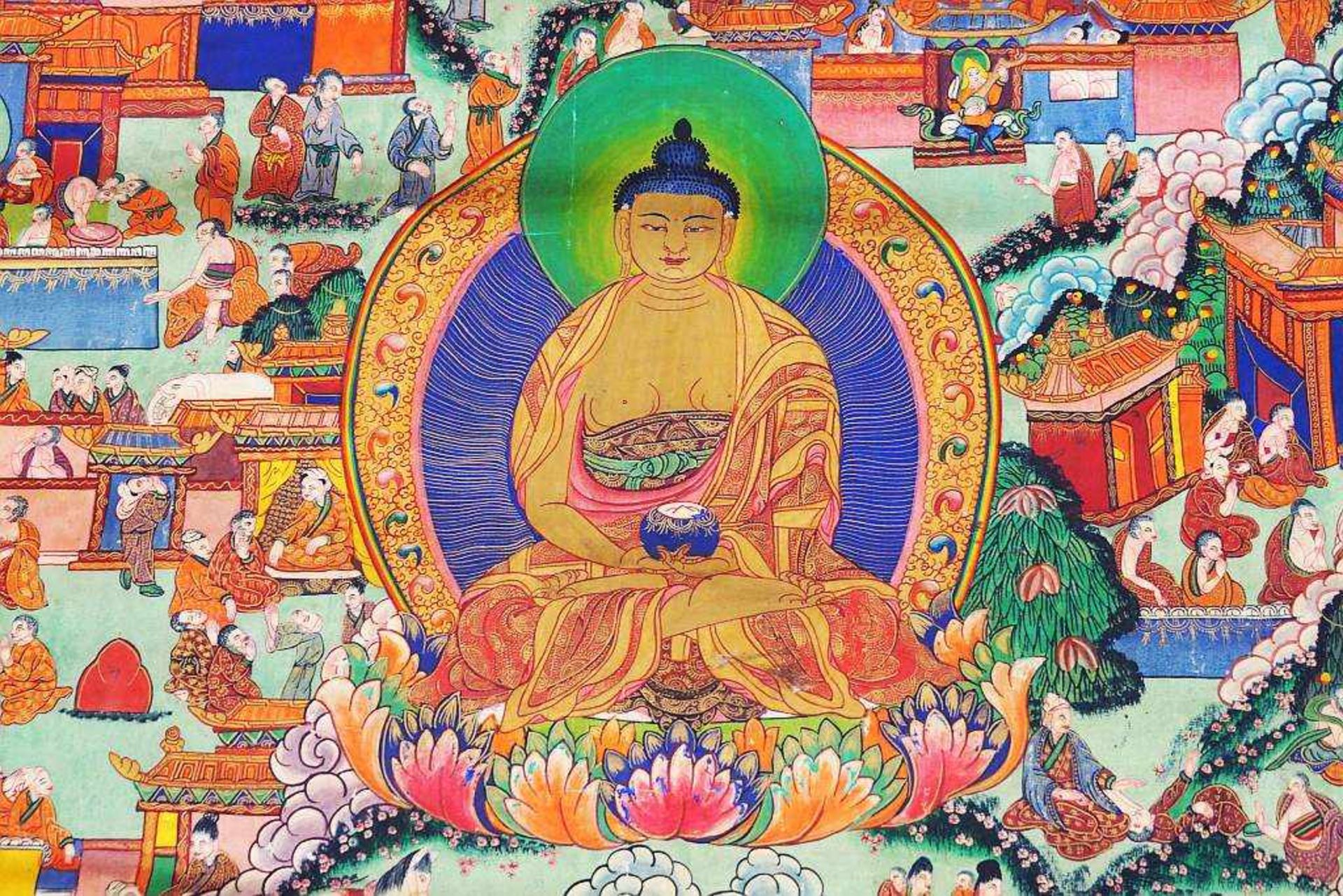 Thangka mit verschiedenen Buddha-Darstellungen und Vorhang. Thangka mit verschiedenen Buddha- - Bild 4 aus 8