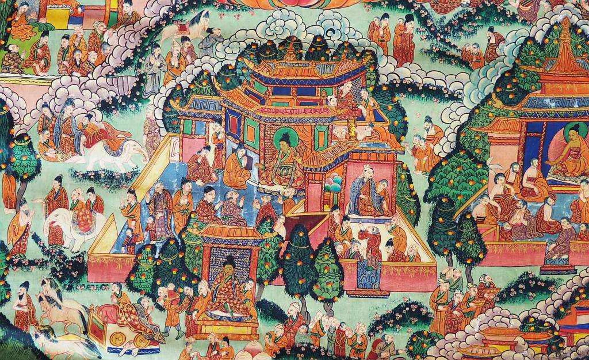 Thangka mit verschiedenen Buddha-Darstellungen und Vorhang. Thangka mit verschiedenen Buddha- - Bild 5 aus 8