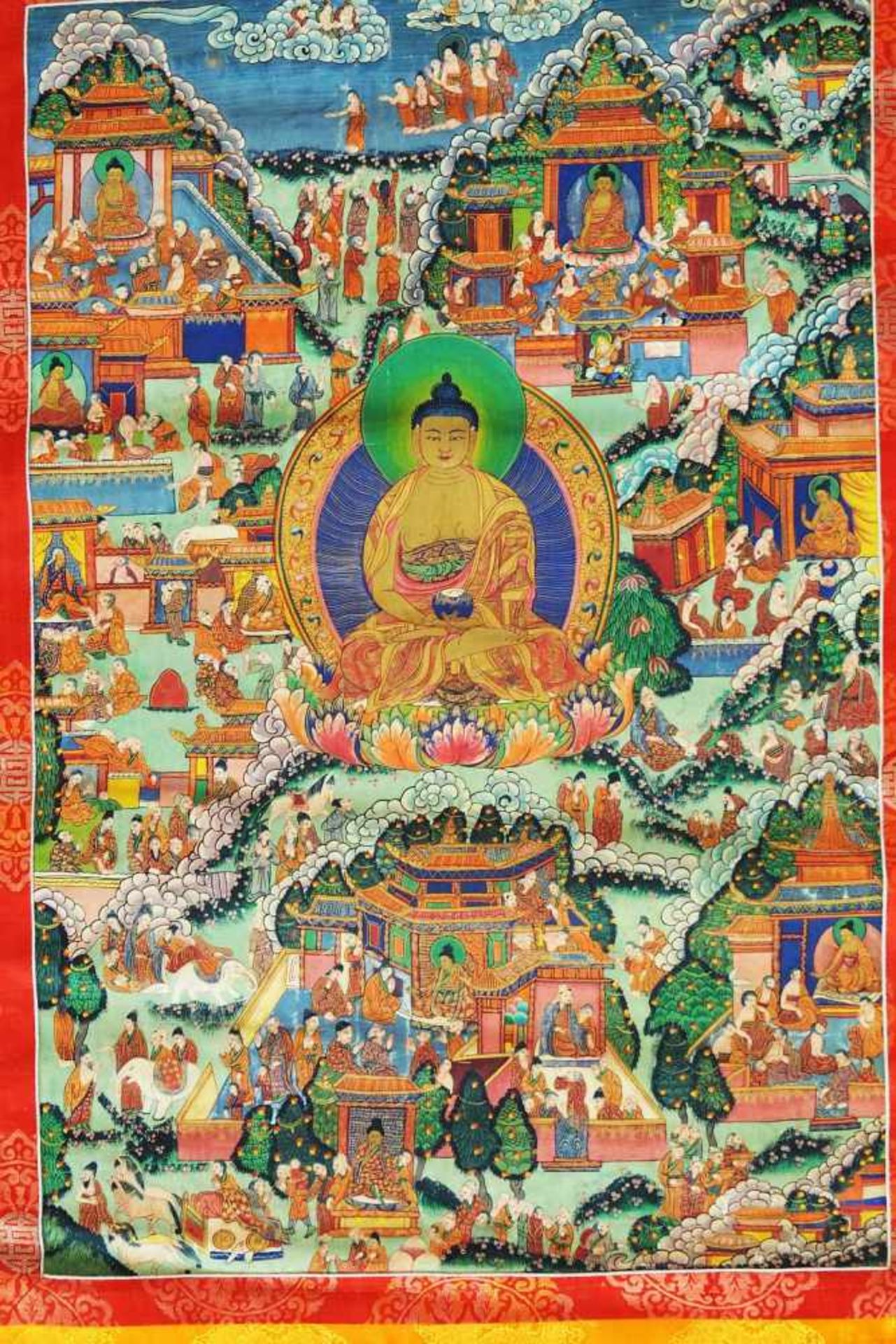 Thangka mit verschiedenen Buddha-Darstellungen und Vorhang. Thangka mit verschiedenen Buddha- - Bild 3 aus 8