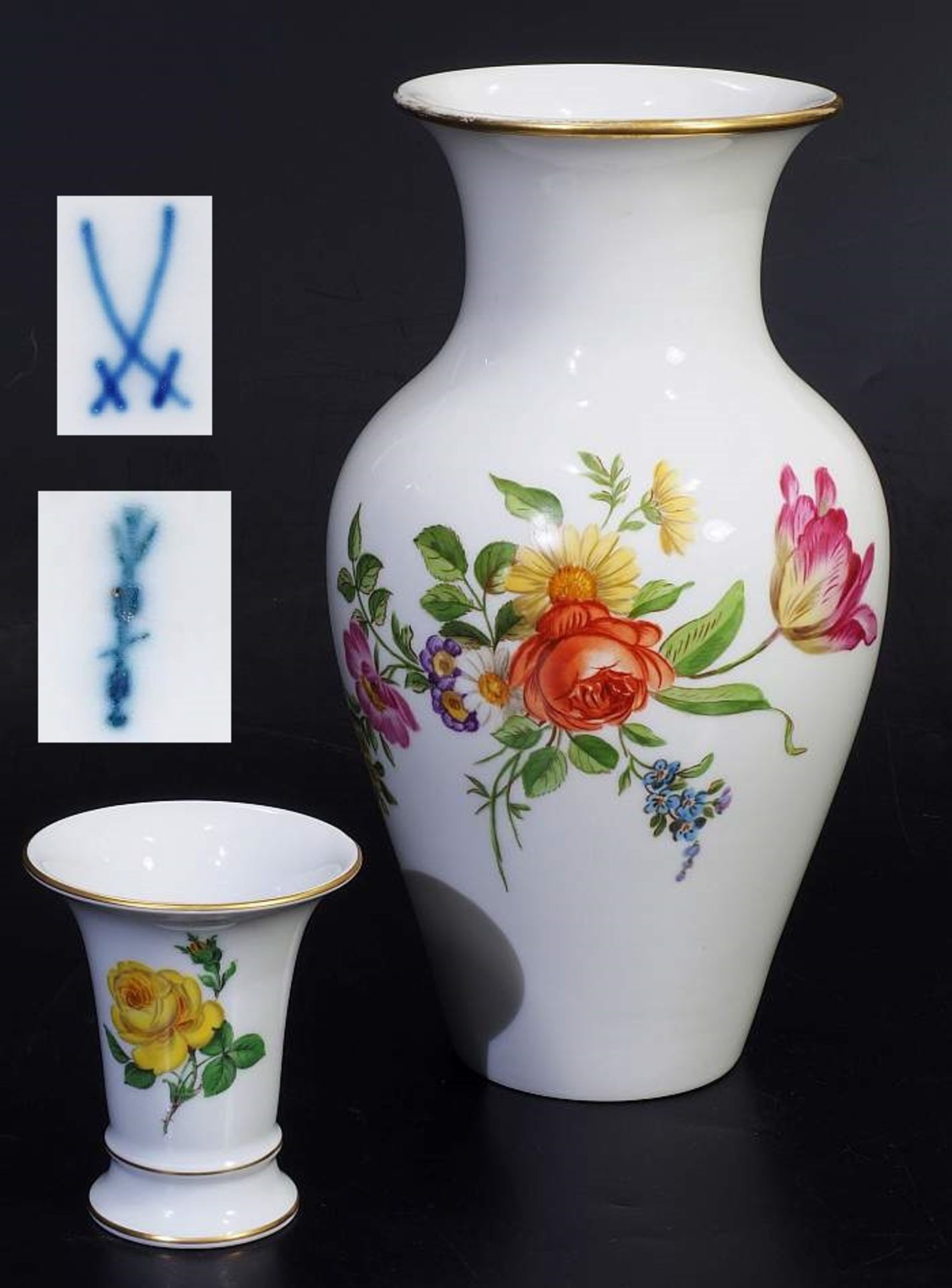 KPM-Vase. Kleine Meissen-Veilchenvase.1) KPM-Vase, 20. Jahrhundert. Balusterförmiger Korpus, Wandung