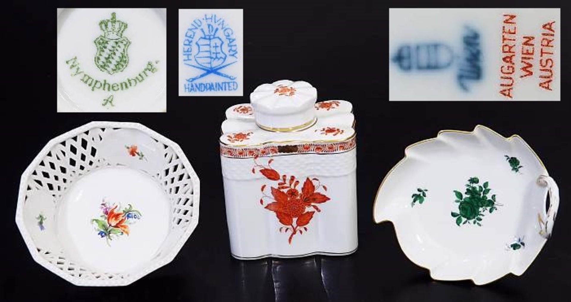 Drei Teile Konvolut. Drei Teile Konvolut. Bestehend aus: 1) Teedose HEREND, 20. Jahrhundert.