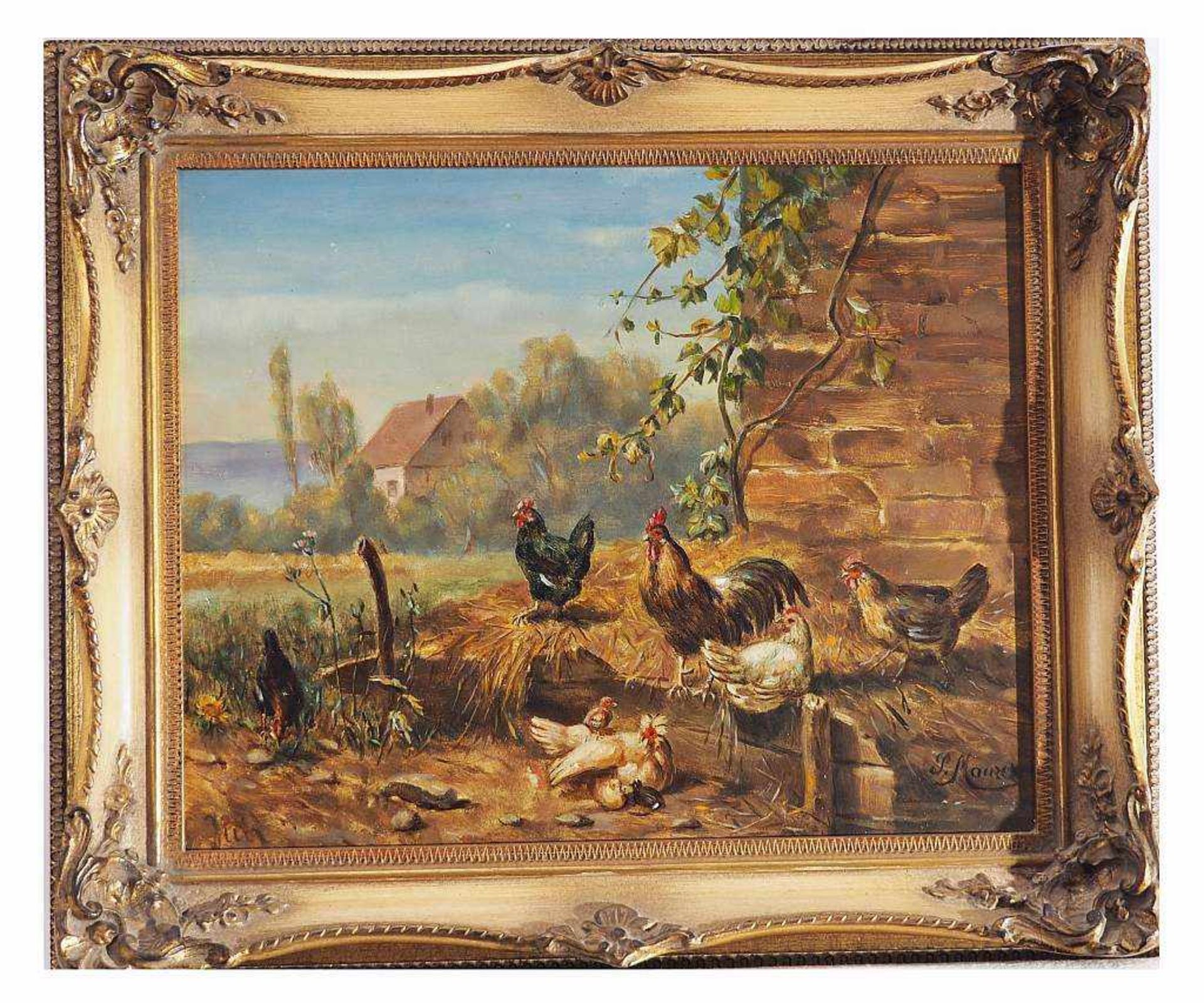 MAURER , P.MAURER , P. 20. Jahrhundert. "Hühnerhof", dieses Gemälde zeigt eine Schar mit Hühner, - Image 3 of 5