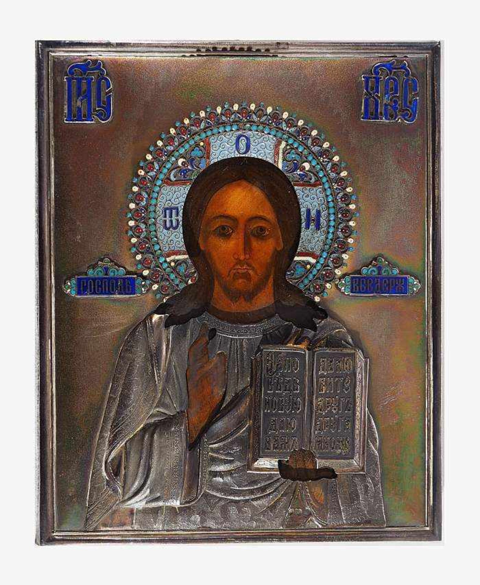 Christus Pantokrator mit Silberrisa, 84 zolotnik, emailliertChristus Pantokrator mit Silberrisa,