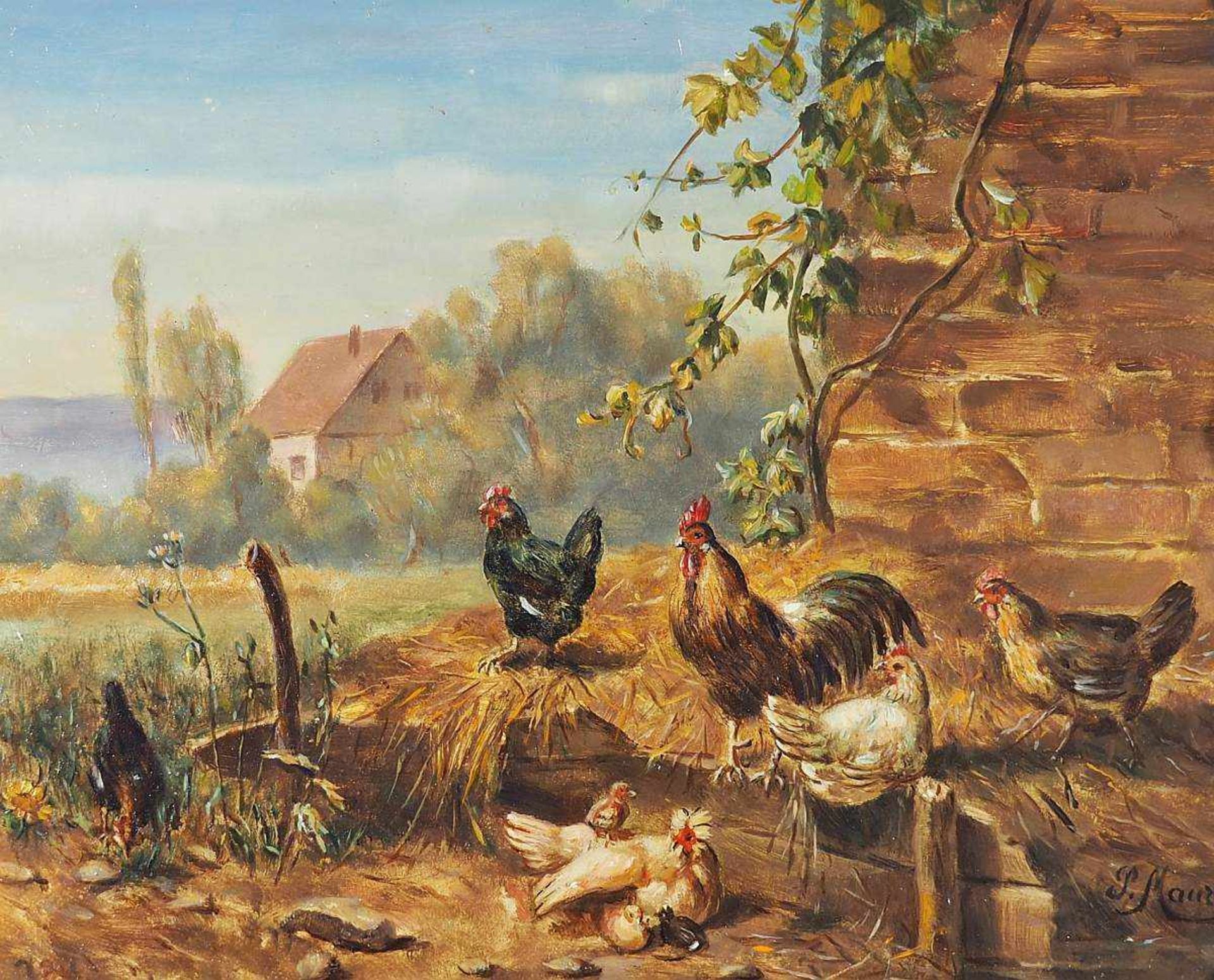 MAURER , P.MAURER , P. 20. Jahrhundert. "Hühnerhof", dieses Gemälde zeigt eine Schar mit Hühner, - Image 2 of 5