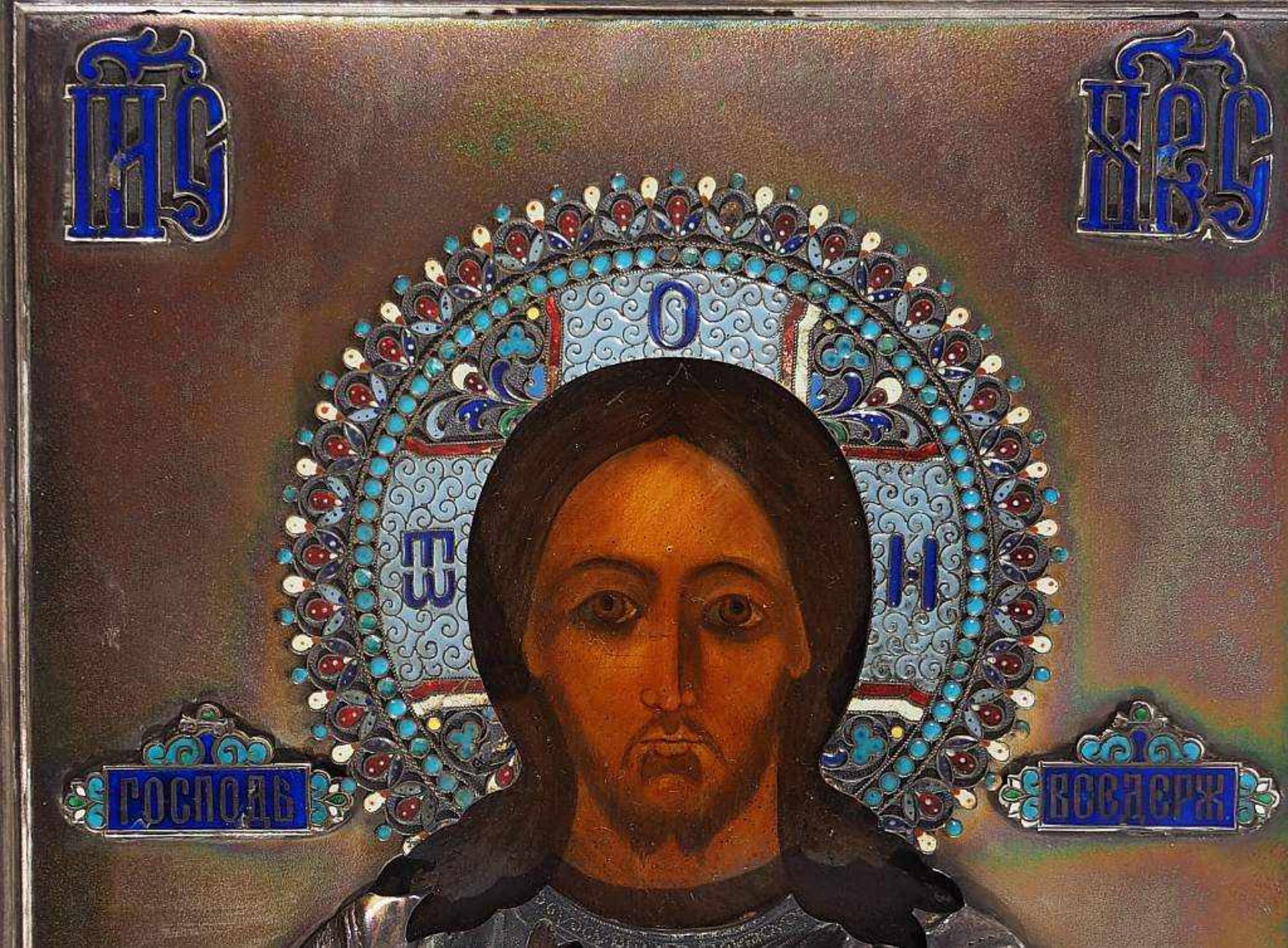 Christus Pantokrator mit Silberrisa, 84 zolotnik, emailliertChristus Pantokrator mit Silberrisa, - Bild 3 aus 6