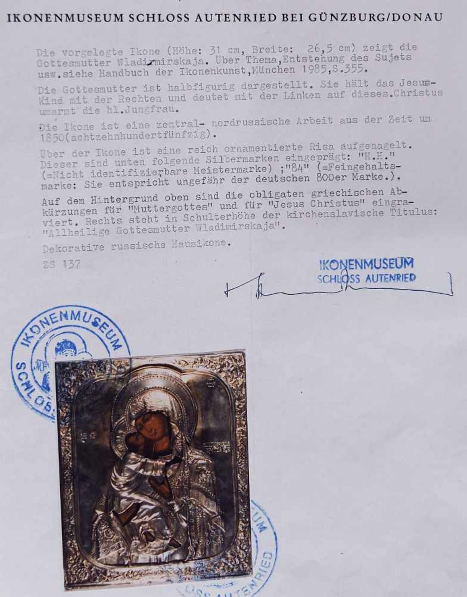 Gottesmutter Wladimirskaja mit Silber-Riza, 84 zolotnik.Gottesmutter Wladimirskaja mit Silber- - Bild 5 aus 6