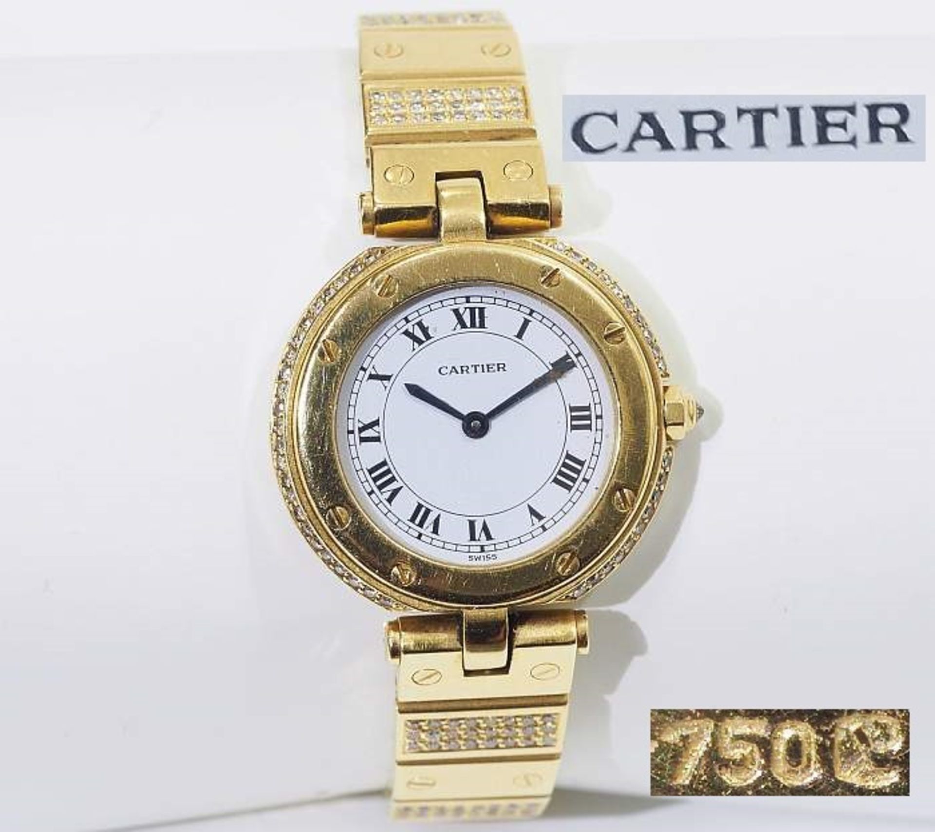 Cartier-Damenarmbanduhr. Modell Santos/Vendome, 750er Gelbgold.Cartier-Damenarmbanduhr. Modell