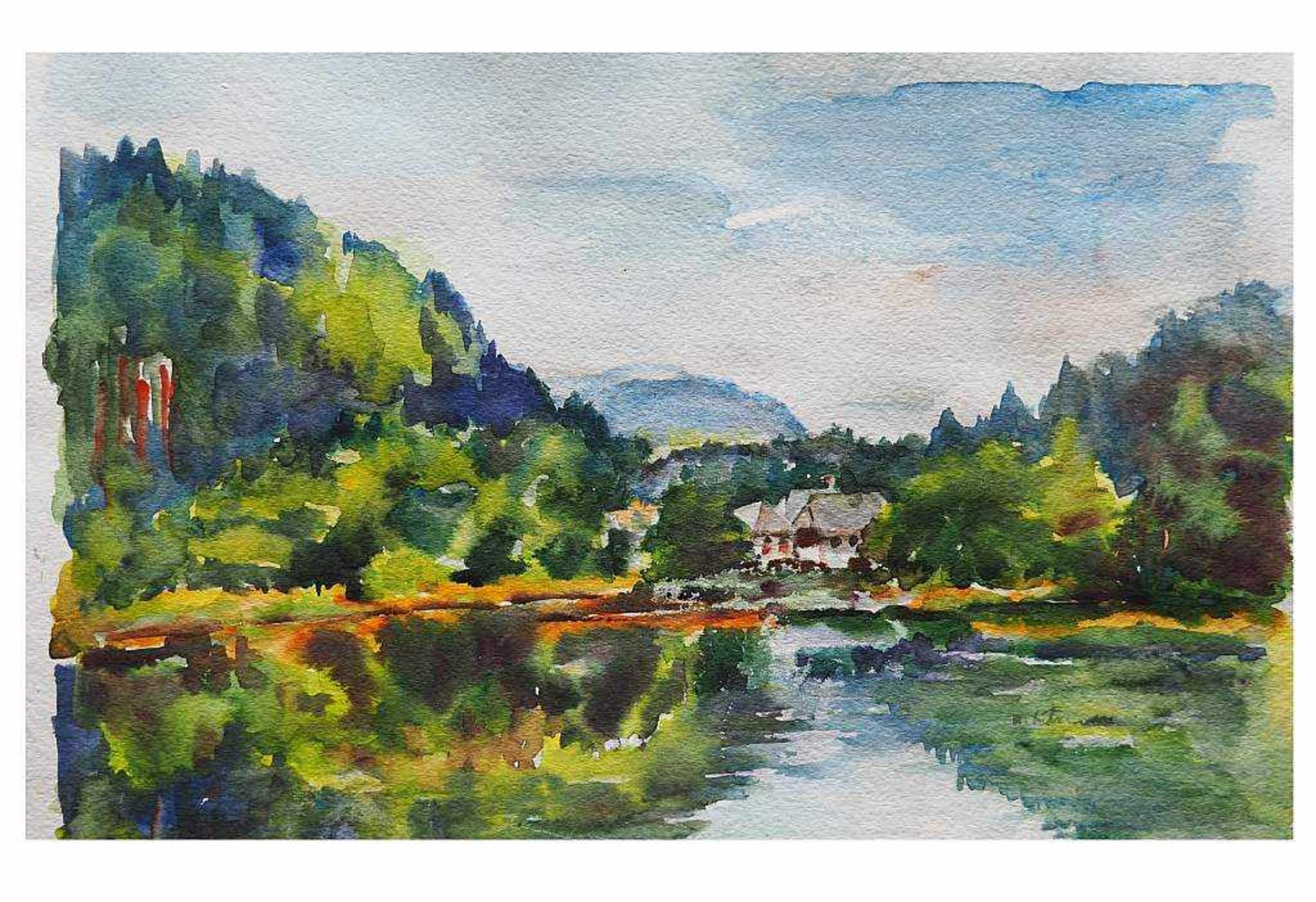 LIEBERMANN, M.LIEBERMANN, M. Haus am See in bewalterer Landschaft . Aquarell auf Papier, rechts - Bild 3 aus 6