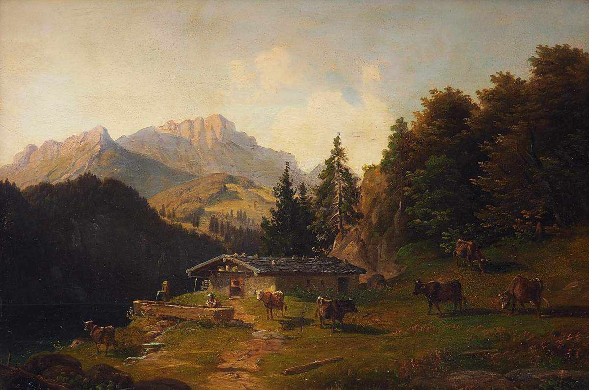 Romantische Gebirgslandschaft mit Weidevieh und Berghütte im Hochgebirge. Romantische - Bild 2 aus 5