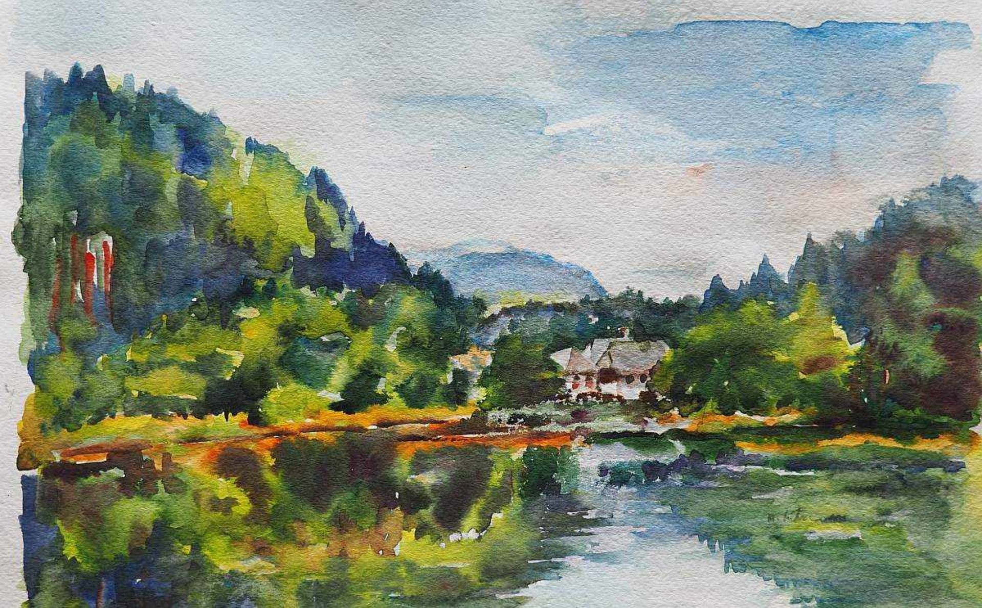 LIEBERMANN, M.LIEBERMANN, M. Haus am See in bewalterer Landschaft . Aquarell auf Papier, rechts - Bild 2 aus 6