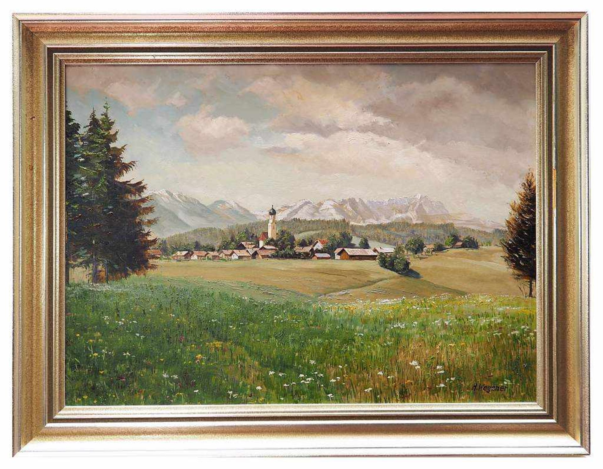 WEGENER, H. WEGENER, H. 20.. Jahrhundert. Blick auf ein kleines Dorf mit Gebirgskette in - Bild 3 aus 5