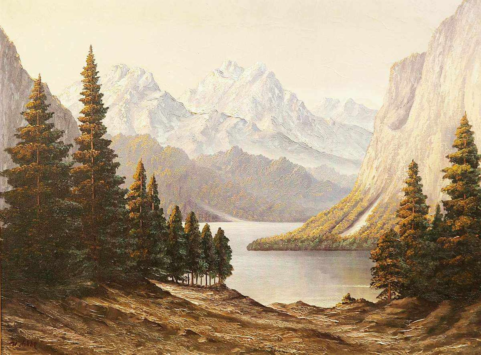 Königssee mit Watzmann-Gebirge.Königssee mit Watzmann-Gebirge. Anfang 20. Jahrhundert. Öl auf - Image 2 of 5