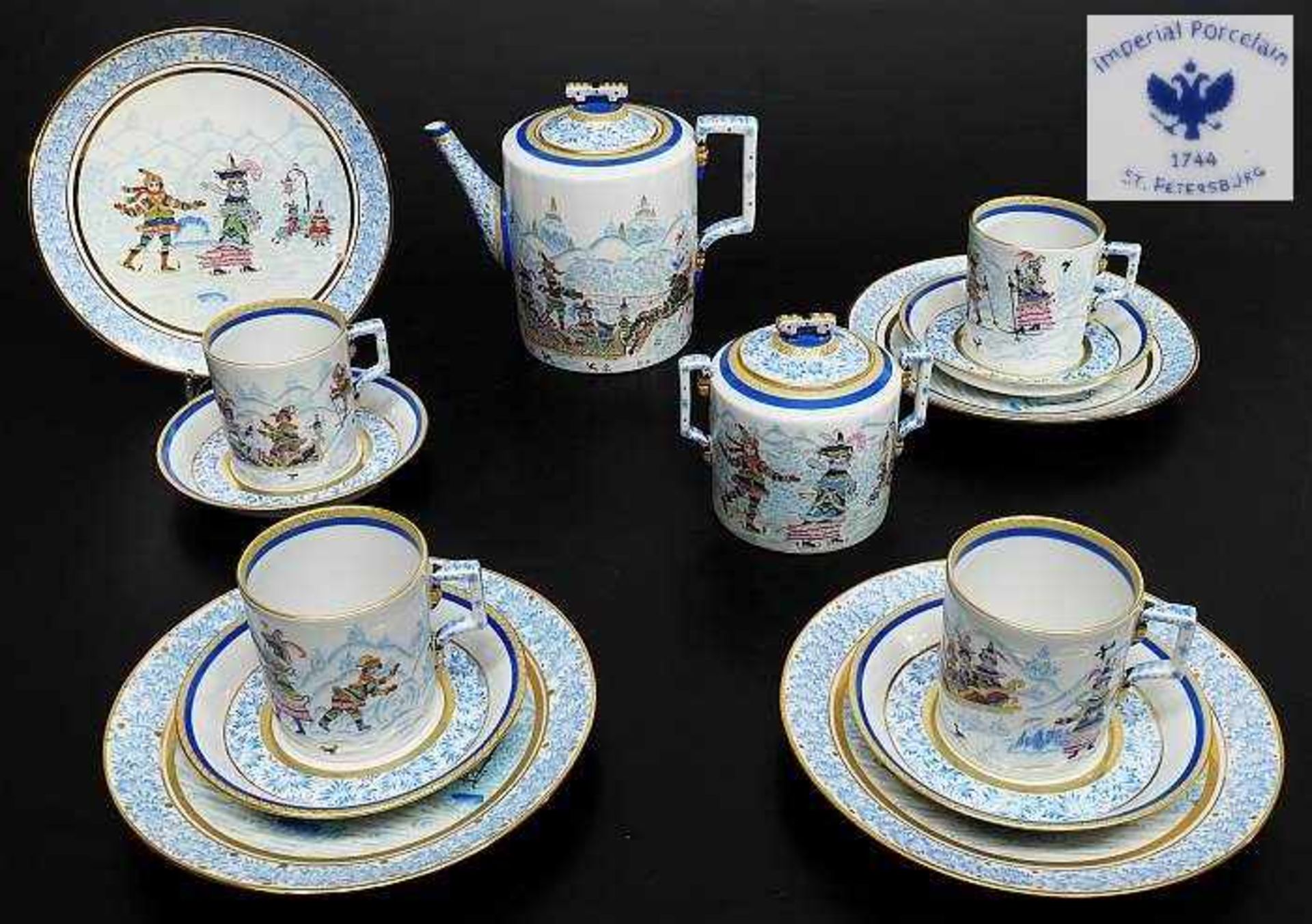 Imperial Porcelan 1744 St. Petersburg. Teeservice, Serie "Winterfreuden".Imperial Porcelan 1744